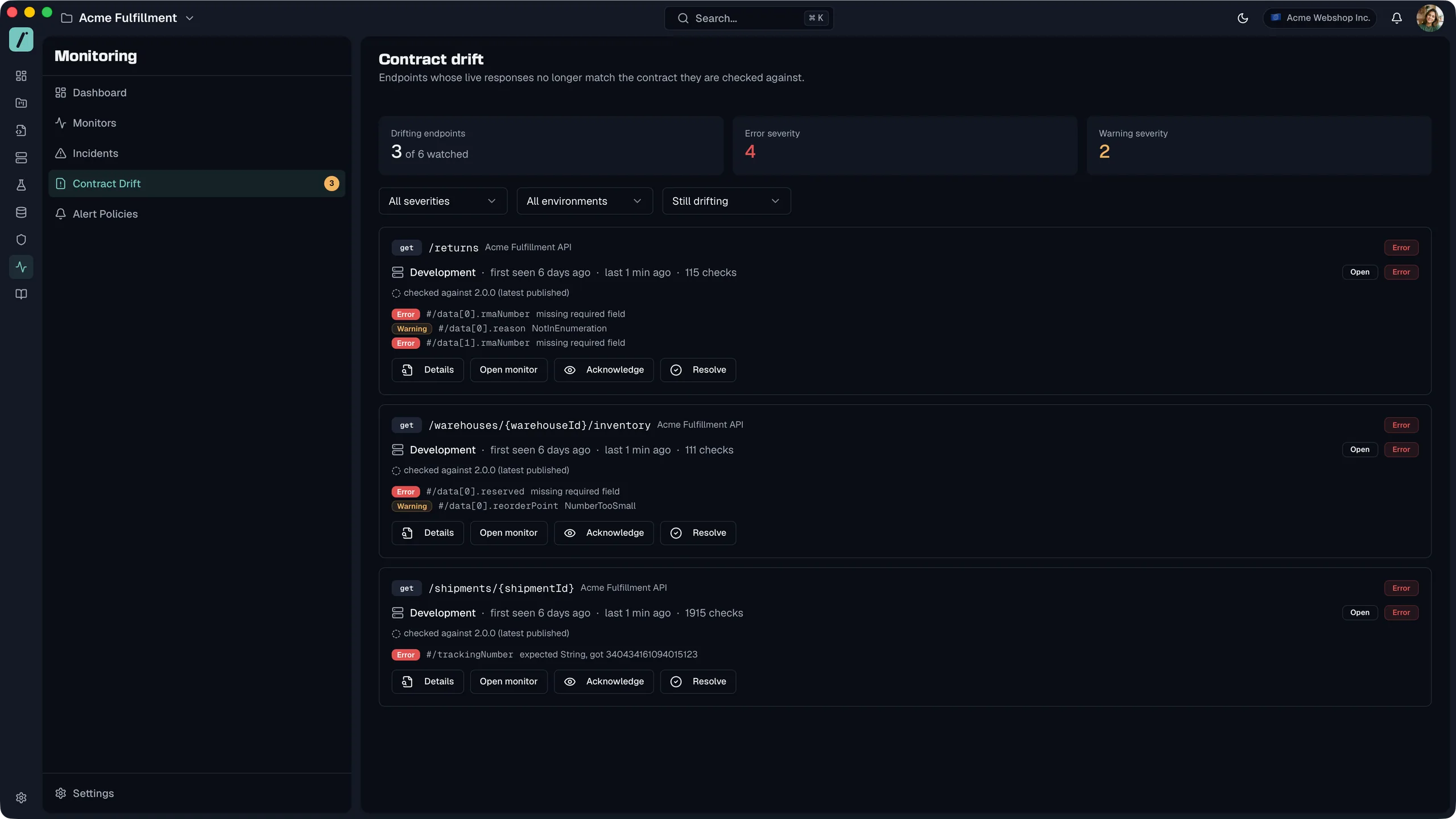 The Routebase contract drift page for API monitoring: three drifting endpoints of the Acme Fulfillment API in the Development environment, each naming the field, the change type, the value that arrived and the version it was checked against, with Acknowledge and Resolve actions.