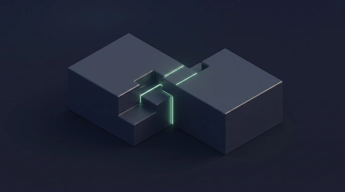 Two matte blocks seated into one another along a machined stepped joint, the seam between them lit