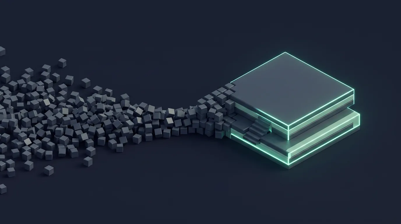 A long stream of loose scattered cubes converging into one stacked platform outlined in light