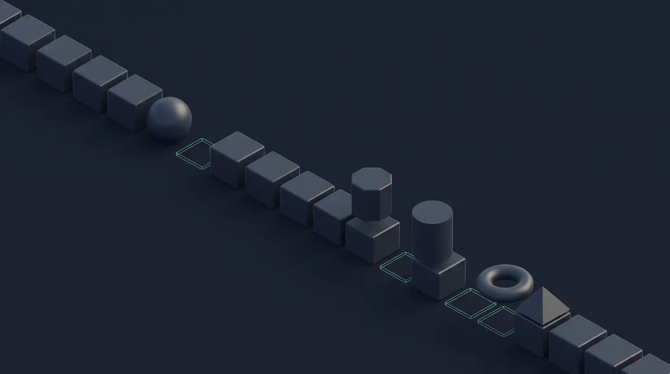 A long diagonal row of matte slate cubes in which some positions stand empty, marked only by a thin mint outline on the ground, while several of the remaining blocks have turned into spheres, cylinders, a ring and a pyramid