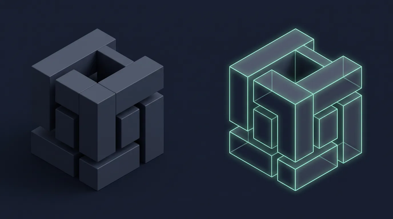 Two isometric structures facing each other, one solid and complete, the other a hollow shell of the same shape