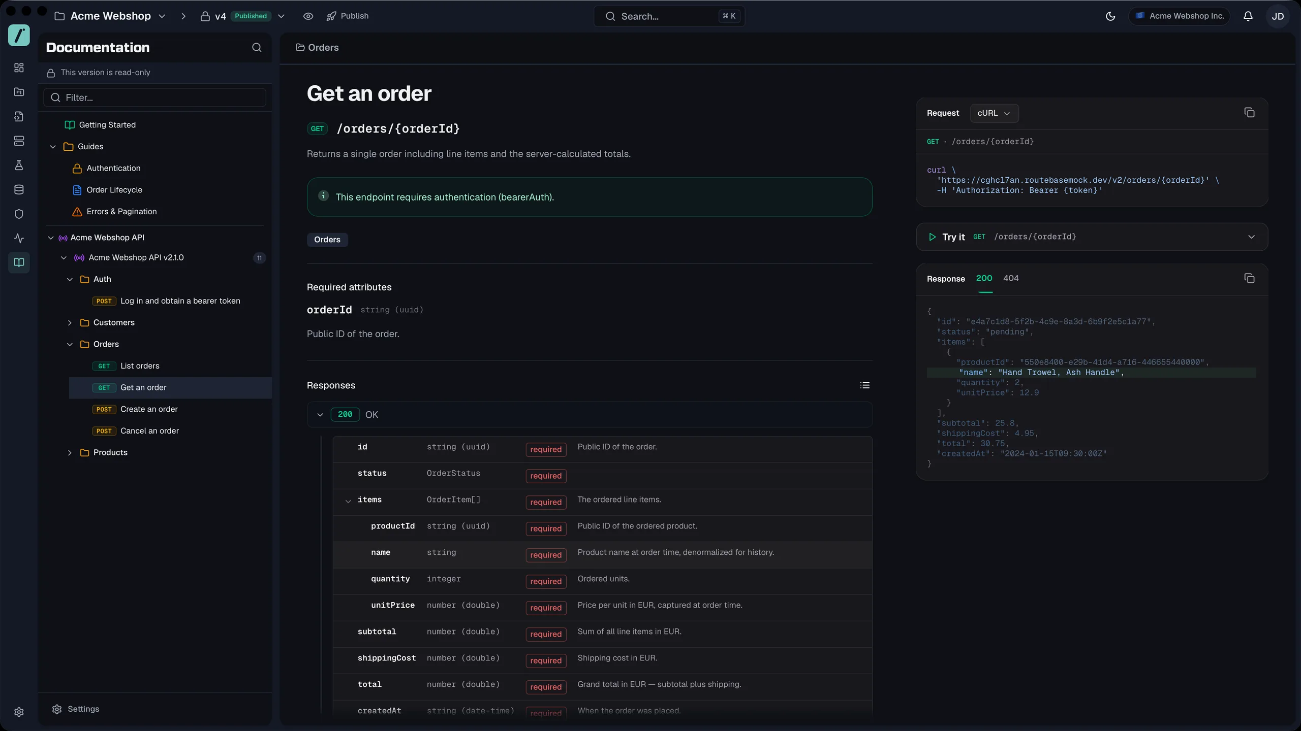 A published Routebase docs portal: the guide and endpoint tree on the left, the "Get an order" endpoint in the centre with its auth requirement and every response field typed and described, and on the right a copyable cURL request, a try-it panel and the 200 response body.