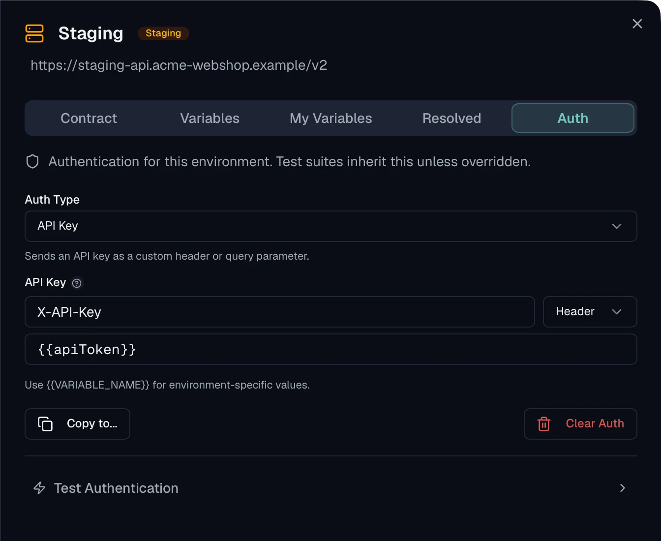 API key authentication configured with the header X-API-Key and a value written as a double-brace apiToken reference.