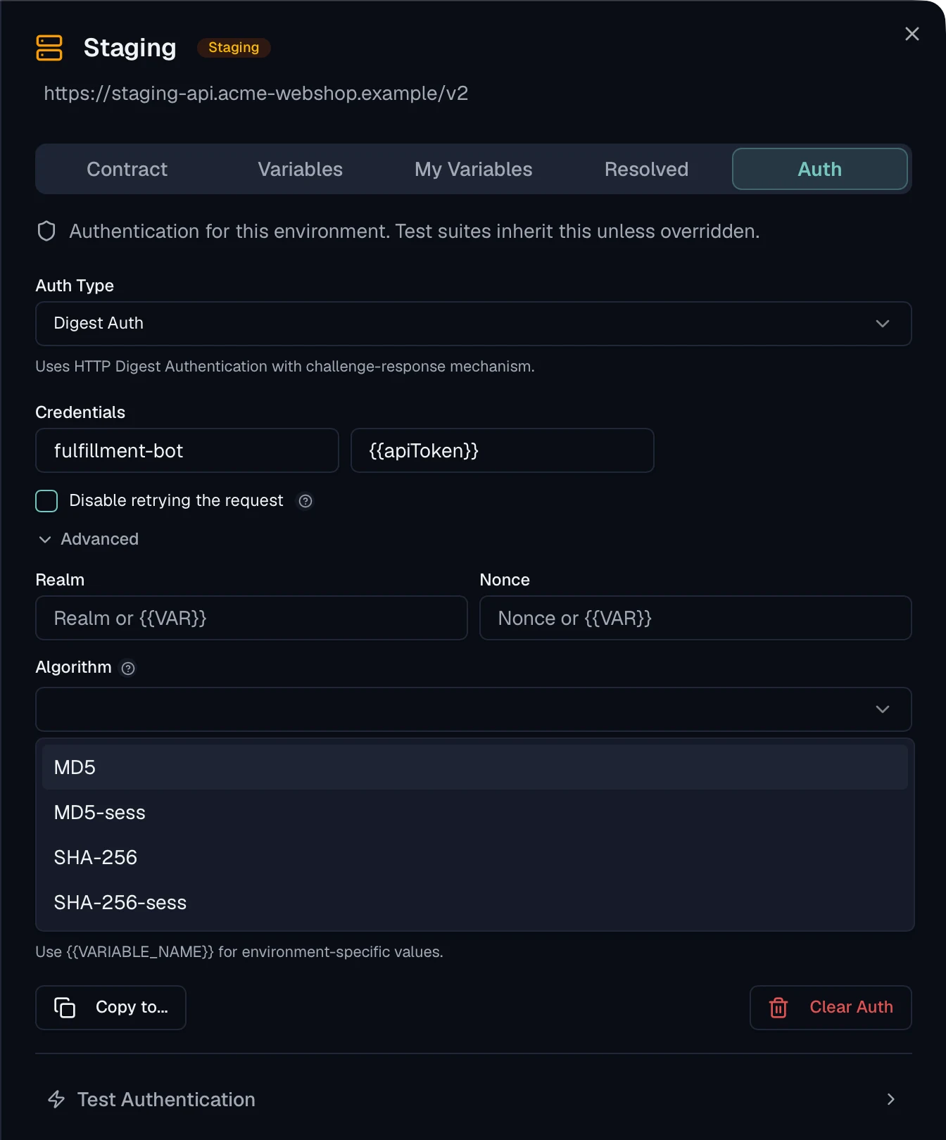 Digest authentication form with the algorithm dropdown open on MD5, MD5-sess, SHA-256 and SHA-256-sess.