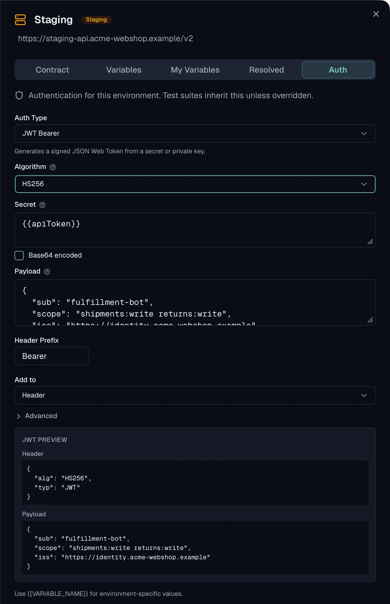 JWT bearer configuration with algorithm HS256, a secret written as a variable reference, a payload editor and a live preview of header and payload.