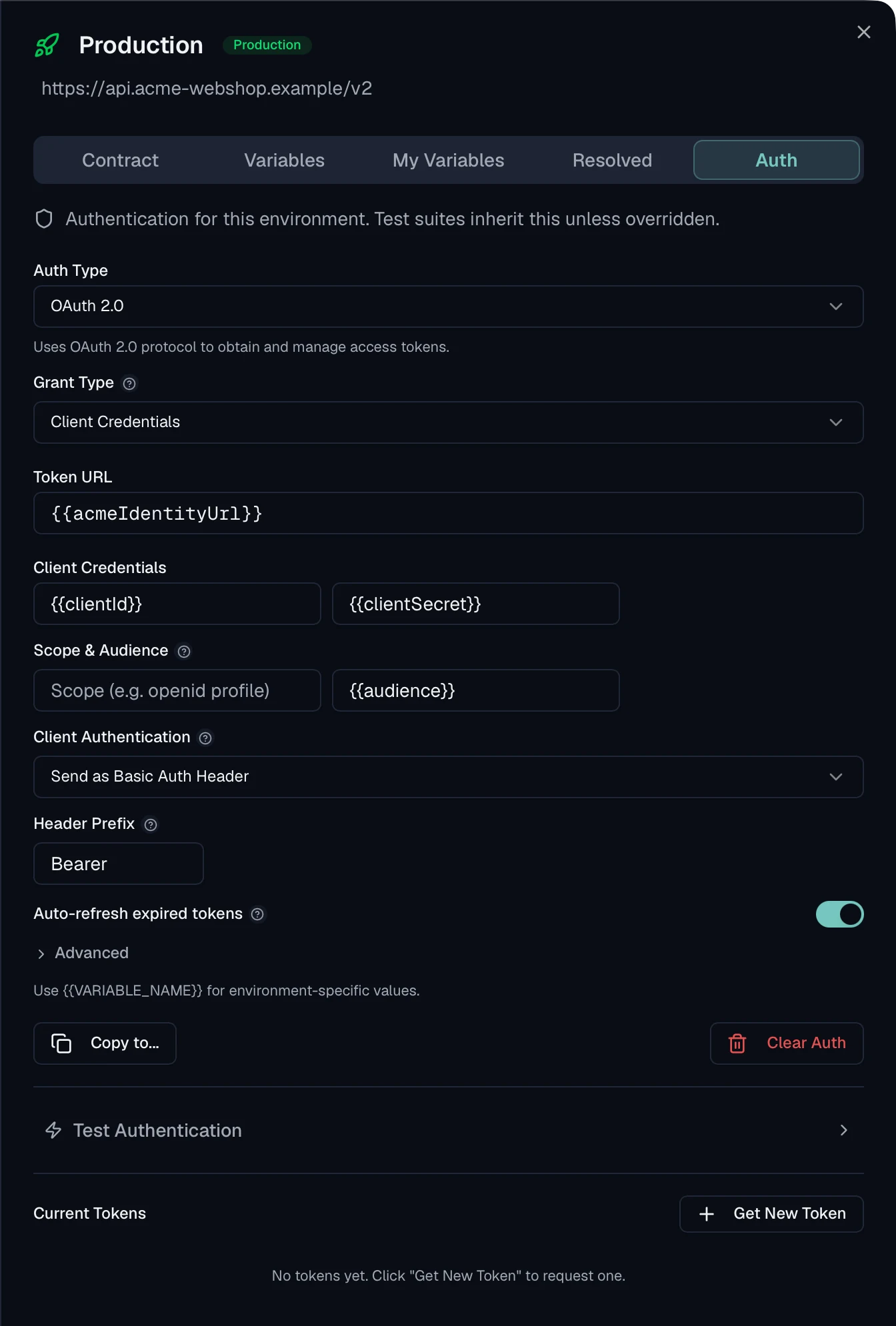 OAuth 2.0 configuration with the client credentials grant, token URL and credentials written as variable references, and auto-refresh enabled.