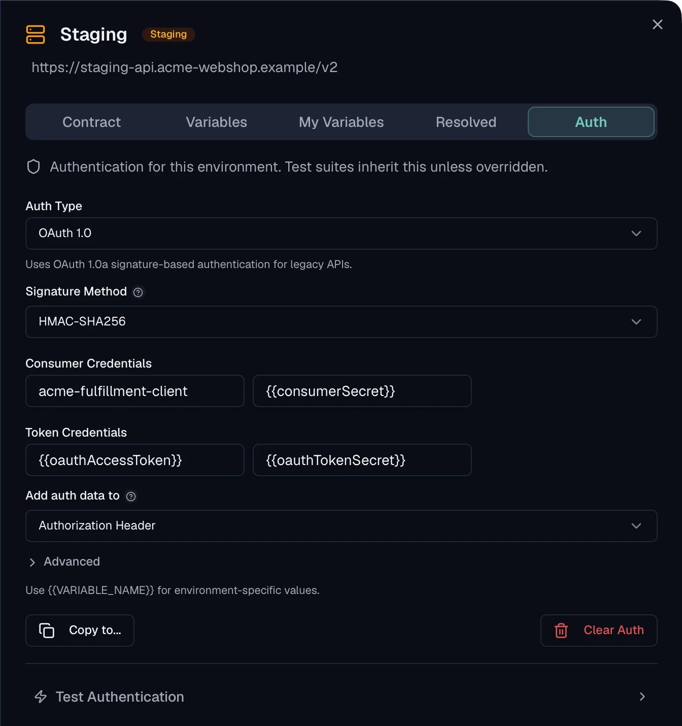 OAuth 1.0 configuration with signature method HMAC-SHA256, consumer credentials and token credentials written as variable references.