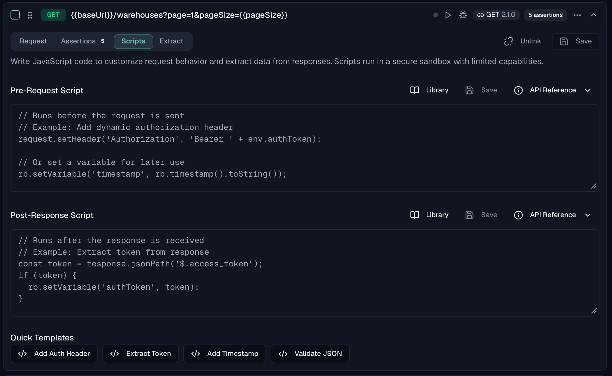 Scripts tab of a test case with a pre-request editor, a post-response editor and quick templates for adding an auth header or extracting a token.