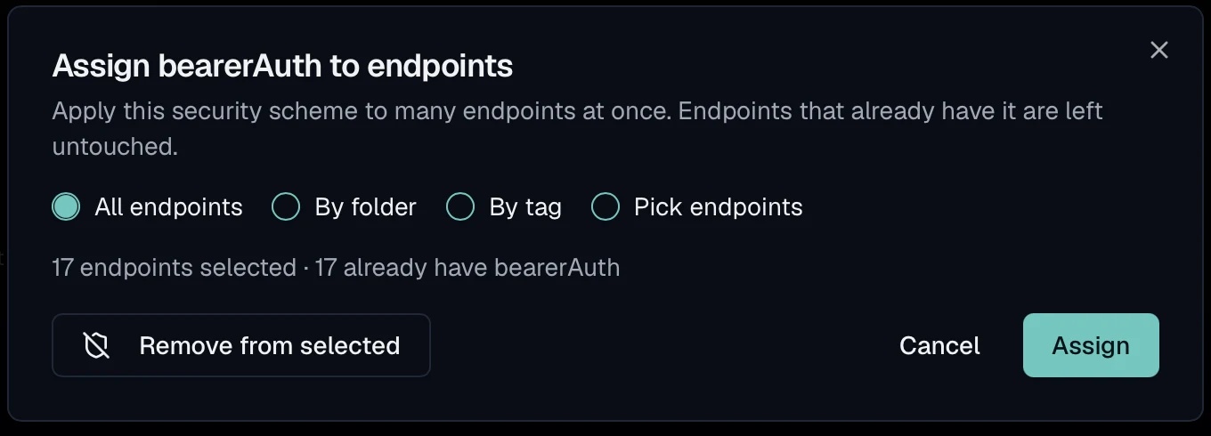 Assign to endpoints dialog with four target options and a line reading seventeen endpoints selected and seventeen already carrying the scheme.