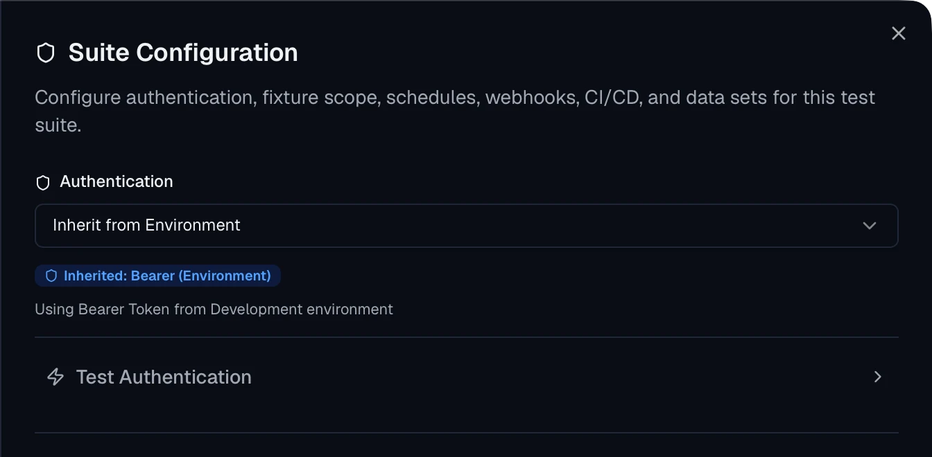 Suite configuration with authentication set to inherit from environment and a badge reading inherited bearer.