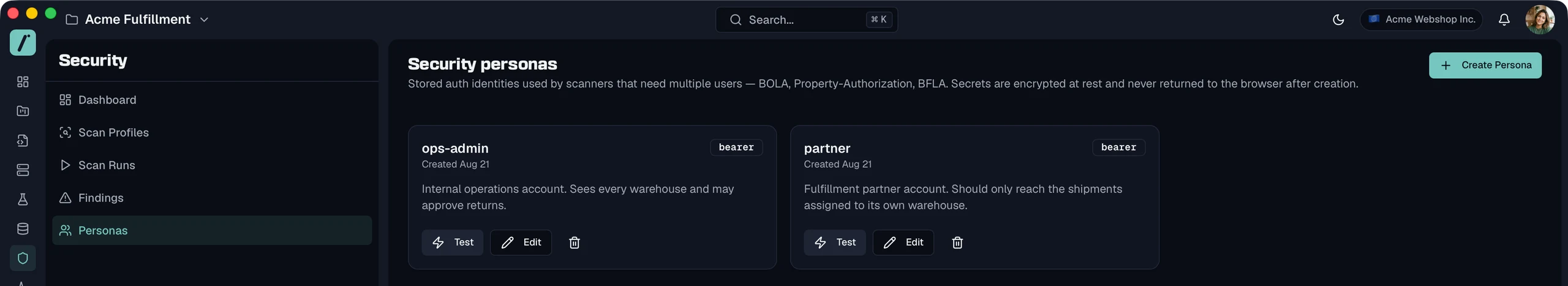 Security personas page with an ops-admin persona and a partner persona, both using bearer authentication.