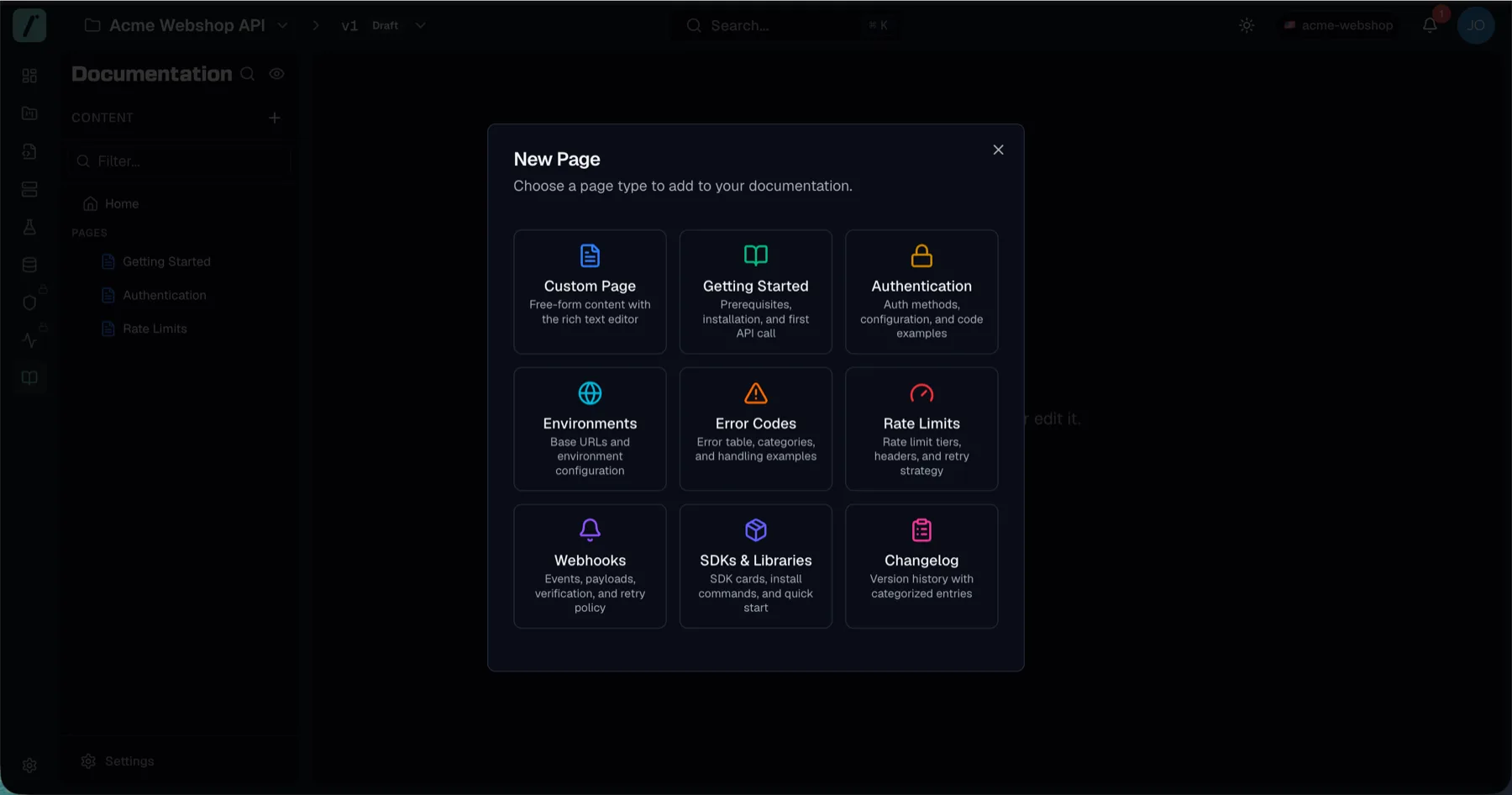 The New Page dialog in the documentation editor, showing a card for a free-form custom page next to cards for the specialized page types Getting Started, Authentication, Environments, Error Codes, Rate Limits, Webhooks, SDKs and Libraries, and Changelog, each with a one-line description of its purpose.