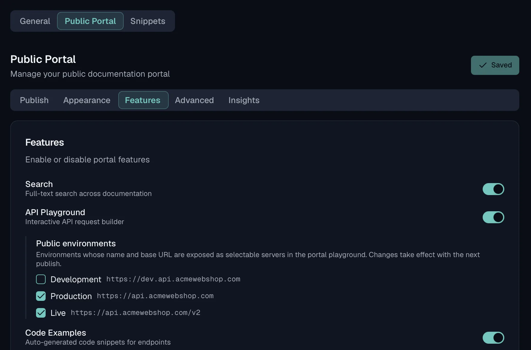 The Features tab of the public portal settings, with toggles for Search and the API Playground switched on, and a Public environments list underneath in which Production and Live are ticked and Development is left unticked, each showing its base URL.