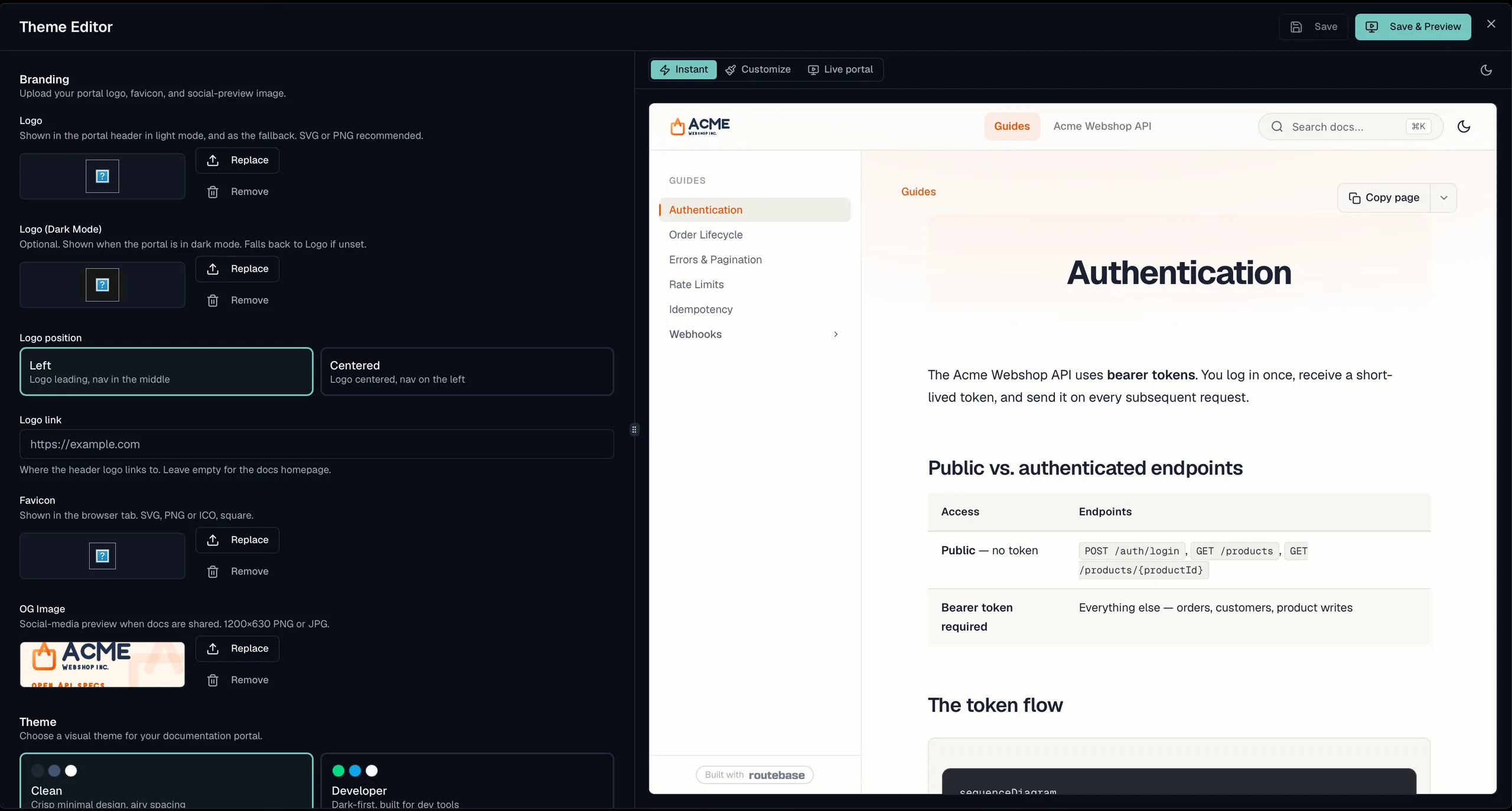 The theme editor with branding settings on the left, covering logo, dark-mode logo, logo position, favicon and share image, and a live preview of the published portal on the right showing the Acme Webshop logo, tabs for Guides and the Acme Webshop API, a search box, a page list and an Authentication page with a Copy page action.