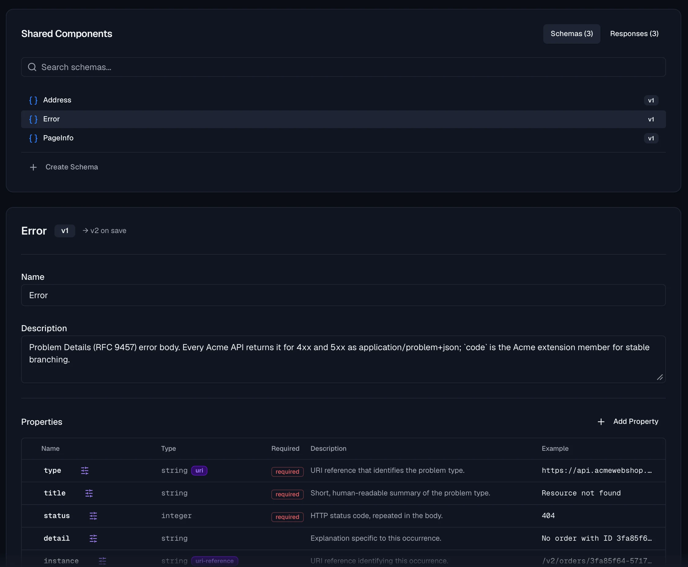 The Shared Library settings page with a Shared Components list containing Address, Error and PageInfo at version v1, and the Error component open below it showing a pending version bump to v2 on save, a Problem Details description and a properties table with type, title, status, detail and instance.