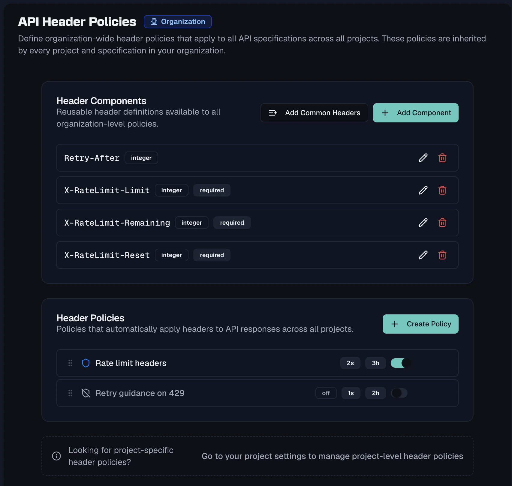 The organisation-level API Header Policies page, with a Header Components card listing Retry-After, X-RateLimit-Limit, X-RateLimit-Remaining and X-RateLimit-Reset with their types and required flags, and a Header Policies card below it holding an enabled Rate limit headers policy and a disabled Retry guidance on 429 policy with drag handles.
