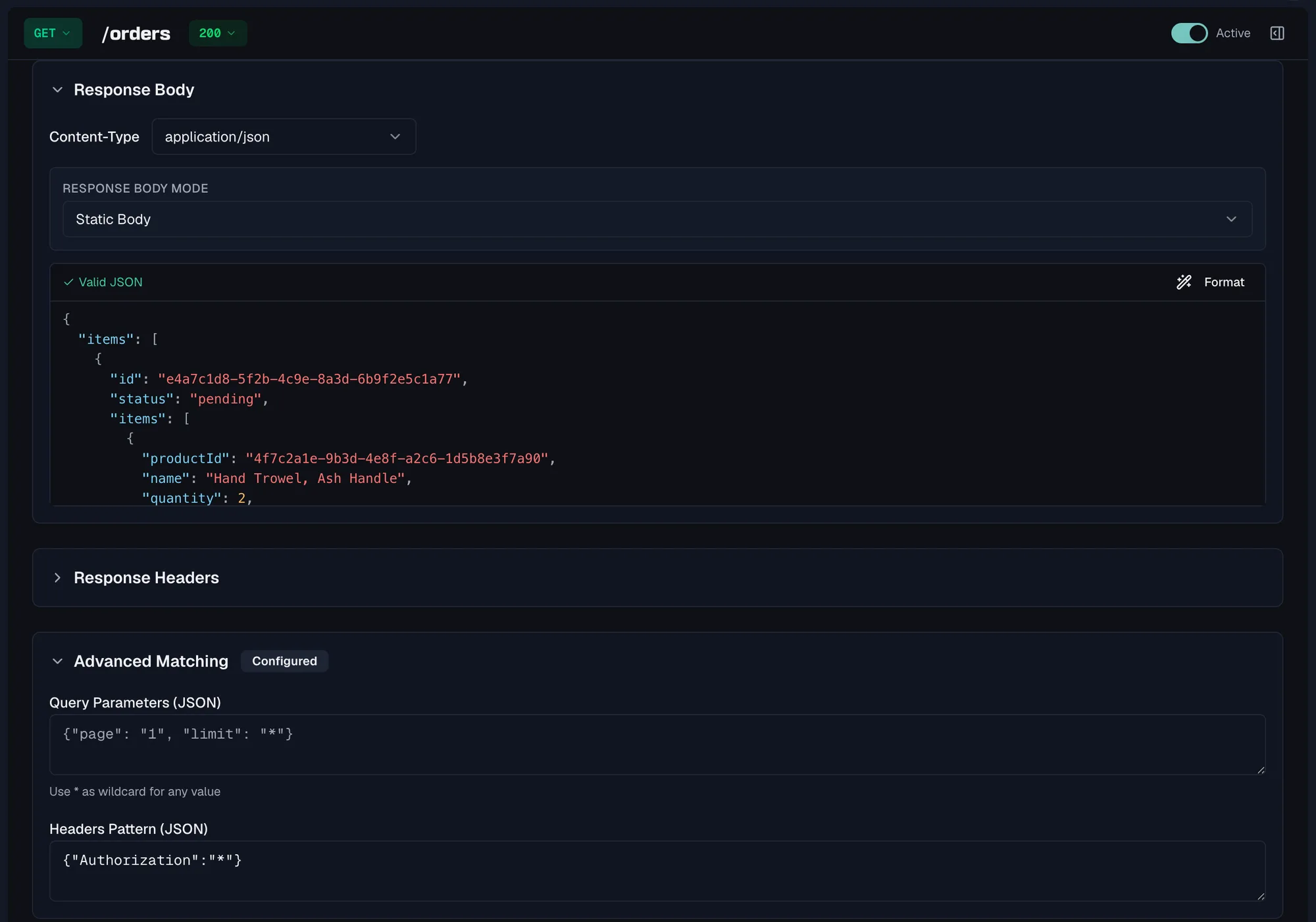 A mock rule editor showing the method, path and status code in the header, a static JSON response body for an order list, and an Advanced Matching section with a query parameter pattern and a headers pattern written as JSON with asterisks as wildcards.