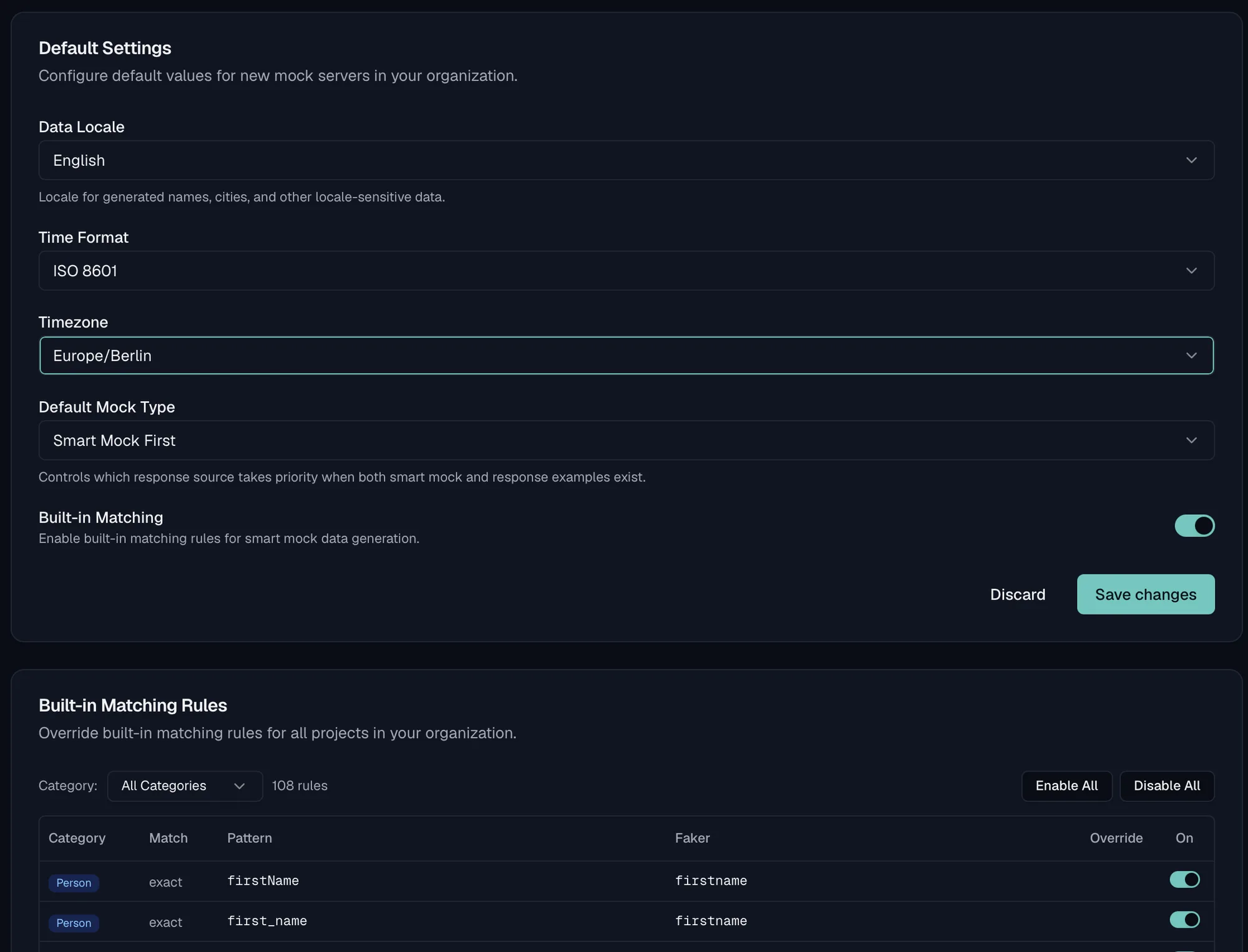 Organisation-wide mock server defaults with selectors for data locale, time format, timezone and default mock type, a built-in matching toggle, and below them a table of built-in matching rules mapping field name patterns such as firstName and first_name to faker generators.