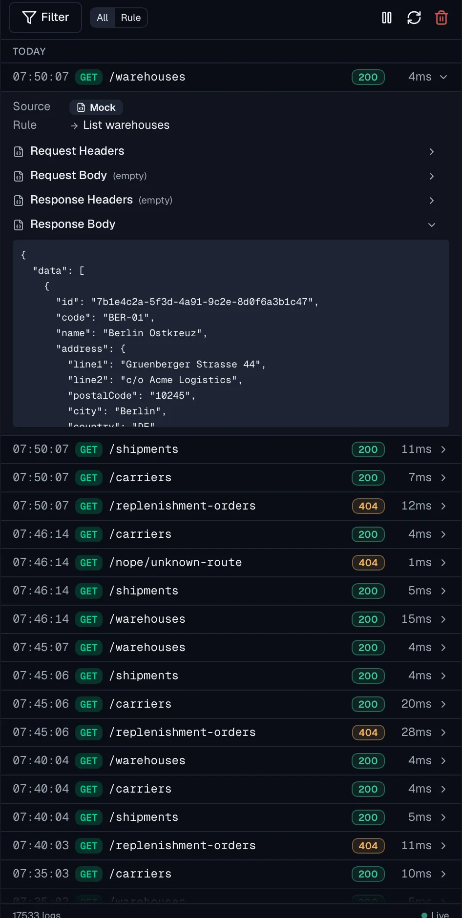 The mock server request log listing requests by time, method and path with their status and response time, including several 200 responses and 404 responses for paths that no rule matched.