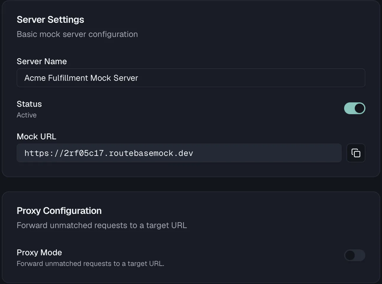The mock server settings sheet showing the server name, the active status toggle, the read-only public mock URL with a copy button, and a proxy configuration section with a proxy mode toggle described as forwarding unmatched requests to a target URL.