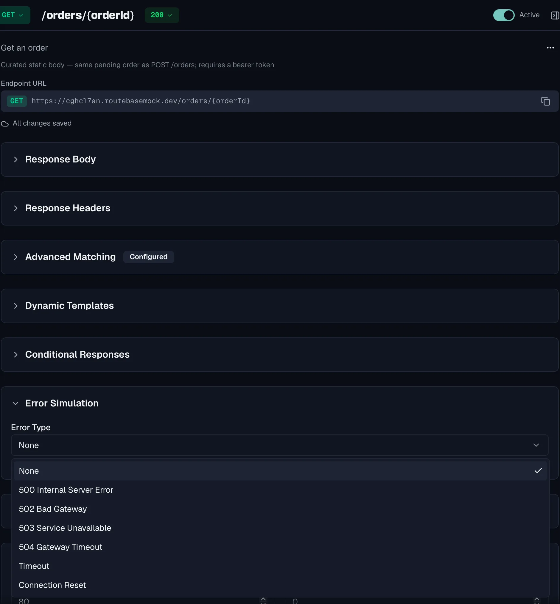 A mock rule editor with its collapsible sections for response body, headers, matching, dynamic templates and conditional responses, and the Error Simulation section open with its error type list showing 500, 502, 503 and 504 alongside Timeout and Connection Reset.