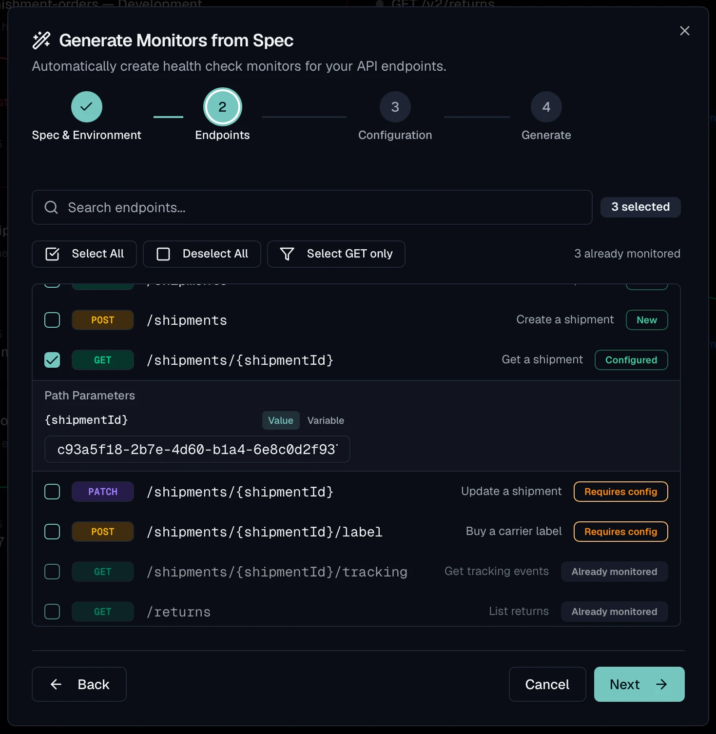 The Generate Monitors from Spec wizard on its endpoint selection step, listing shipment and return endpoints from the specification with badges reading New, Configured, Requires config and Already monitored, and an expanded row asking for a value or a variable for the shipmentId path parameter.