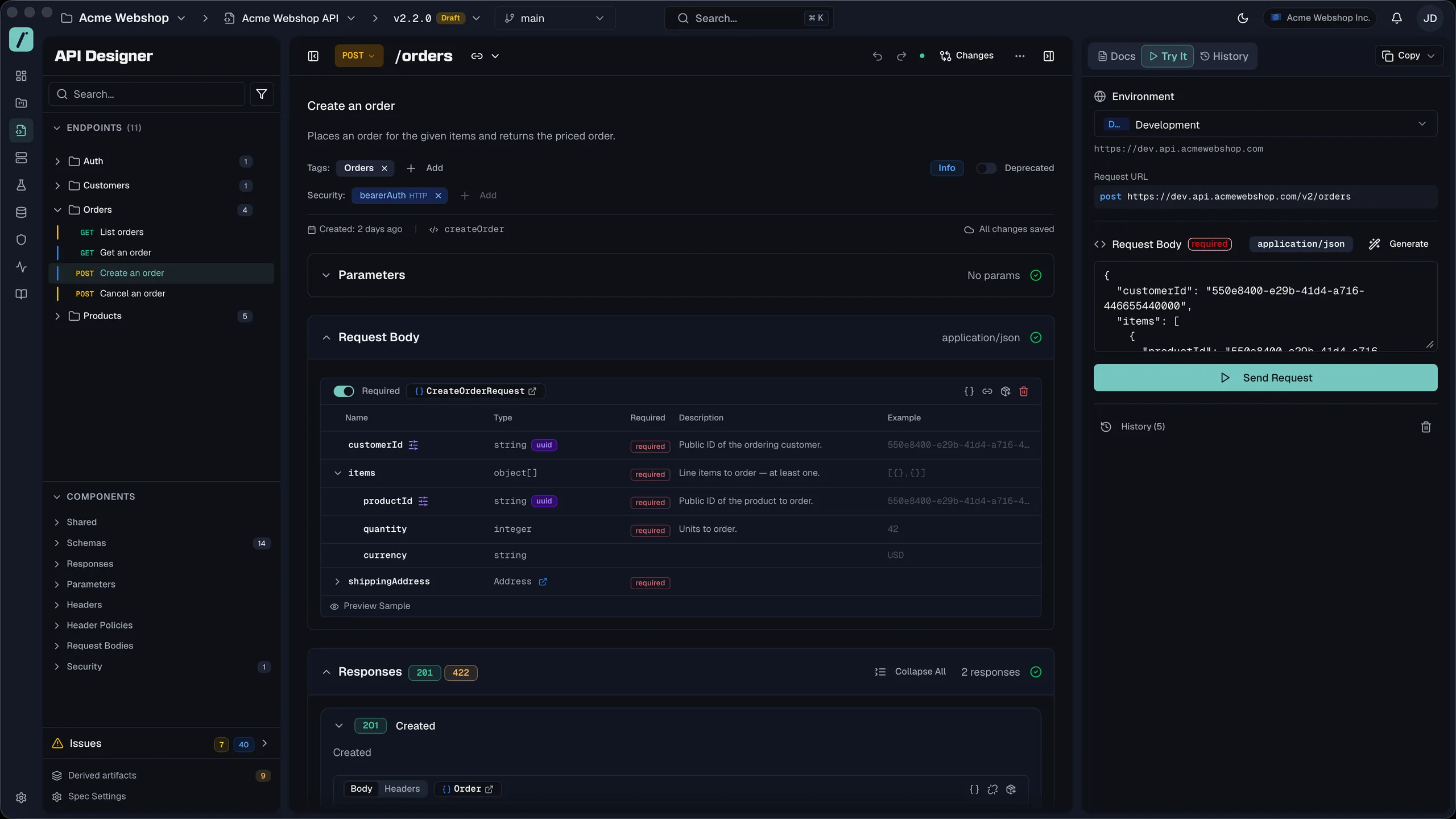 The API designer with the endpoint tree on the left showing eleven endpoints in four folders, the POST /orders operation open in the centre with its request body table, and a try-it panel on the right with the resolved request URL and a Send Request button.