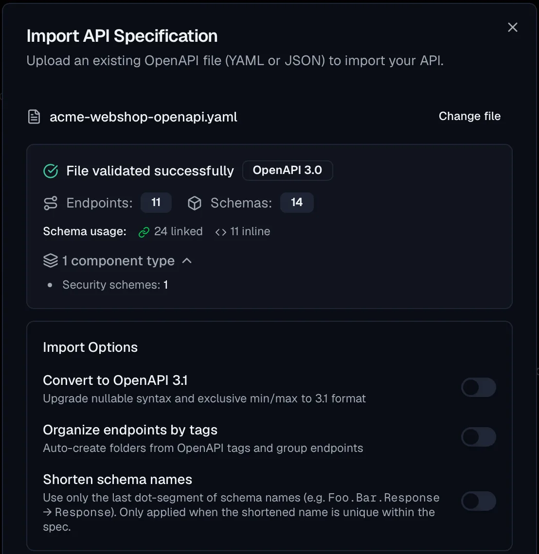 The Import API Specification dialog with the file acme-webshop-openapi.yaml selected, a green File validated successfully line next to an OpenAPI 3.0 badge, counts of eleven endpoints and fourteen schemas, and the import options including Convert to OpenAPI 3.1.