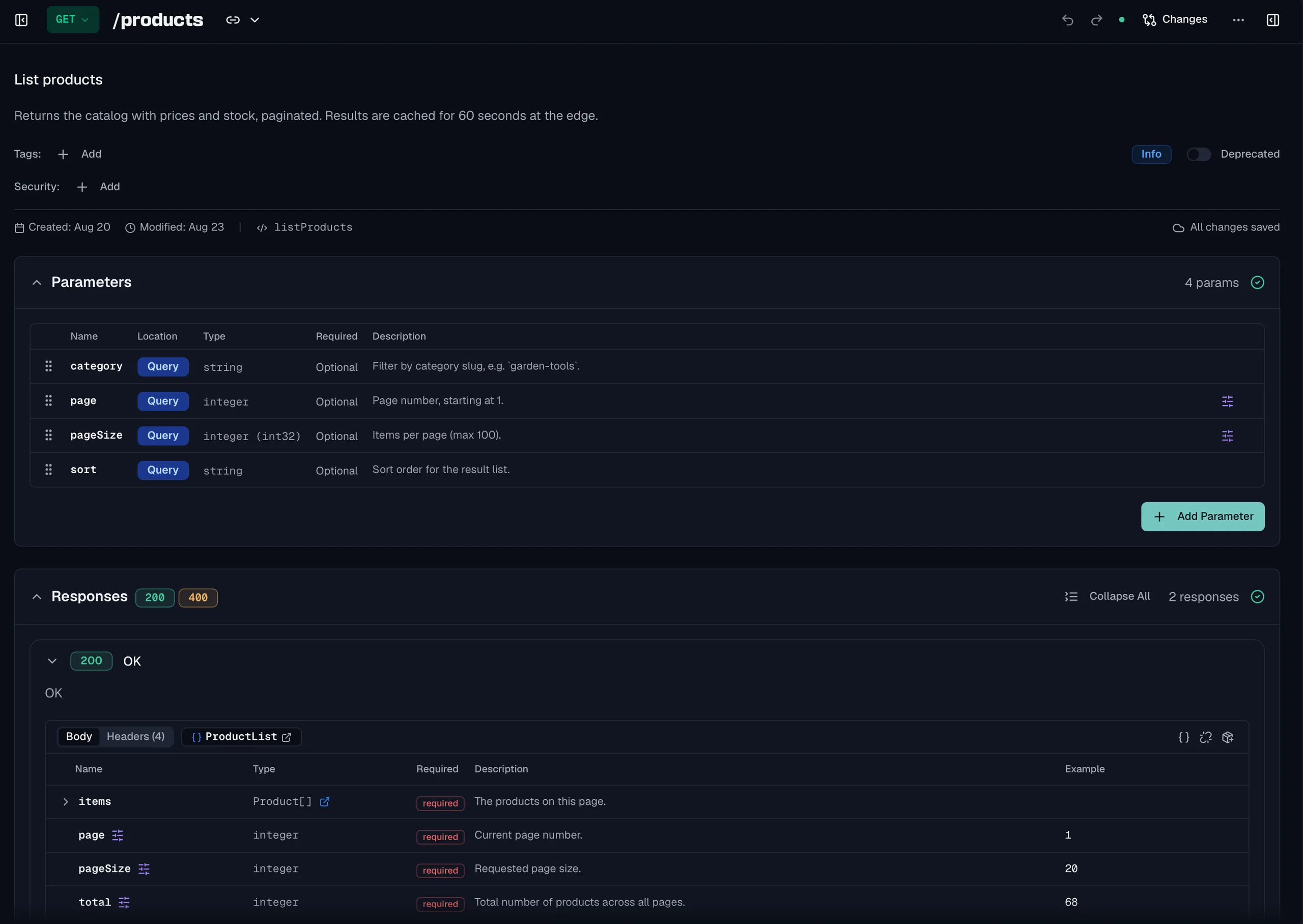 The endpoint editor for GET /products with its summary and description, a parameters table listing four query parameters with location, type and description, and a responses section showing a 200 response whose body references the ProductList schema.