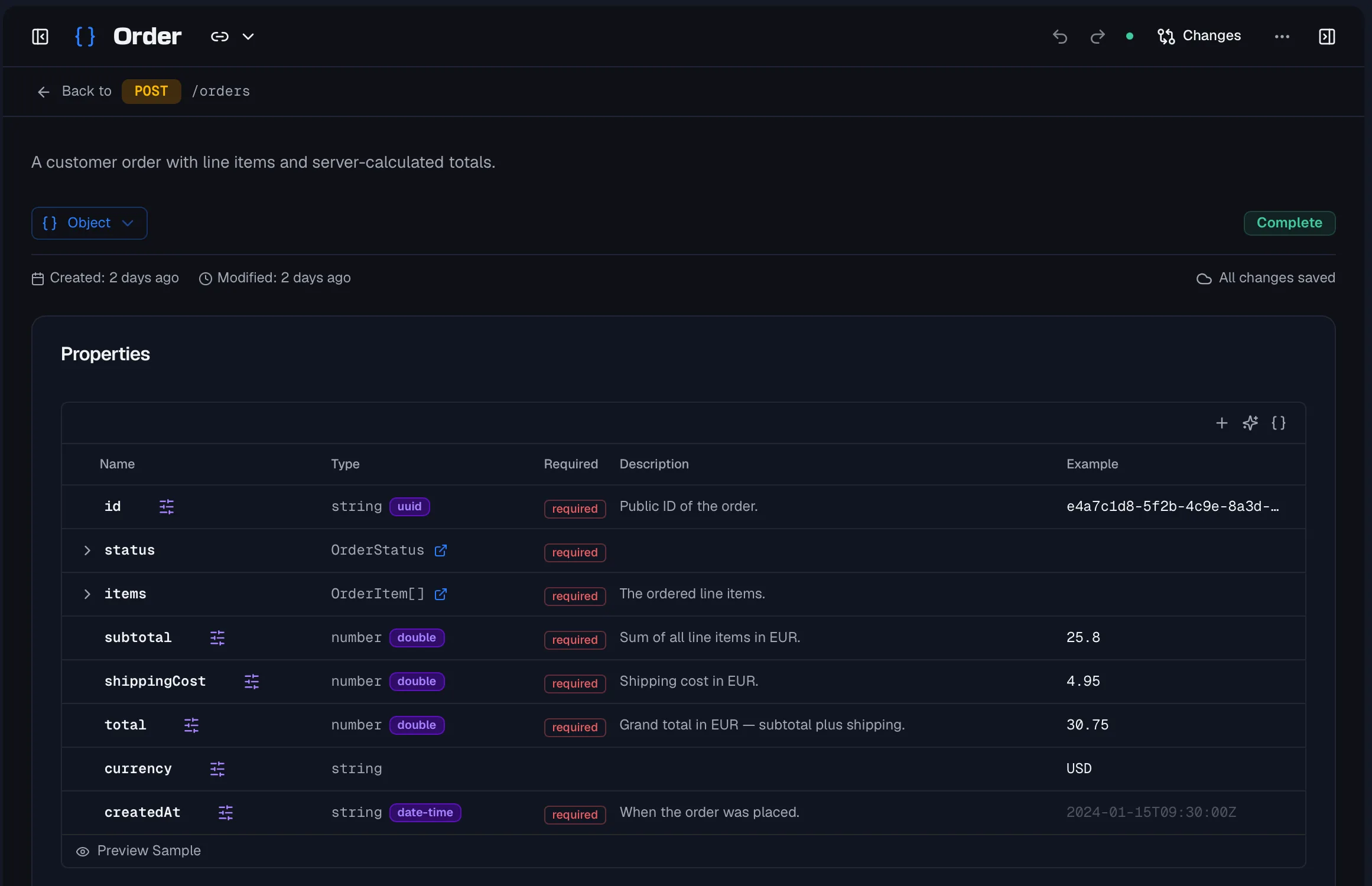 The schema editor for Order with the kind selector set to Object, a description, and a properties table listing id, status, items, subtotal, shippingCost, total, currency and createdAt with their types, format badges, required markers, descriptions and examples.