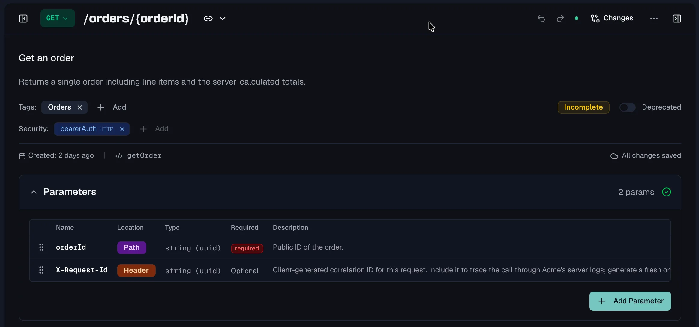 The endpoint editor for GET /orders/{orderId} with a parameters table listing orderId in the Path location marked required and X-Request-Id in the Header location marked optional, each with type, format and description.