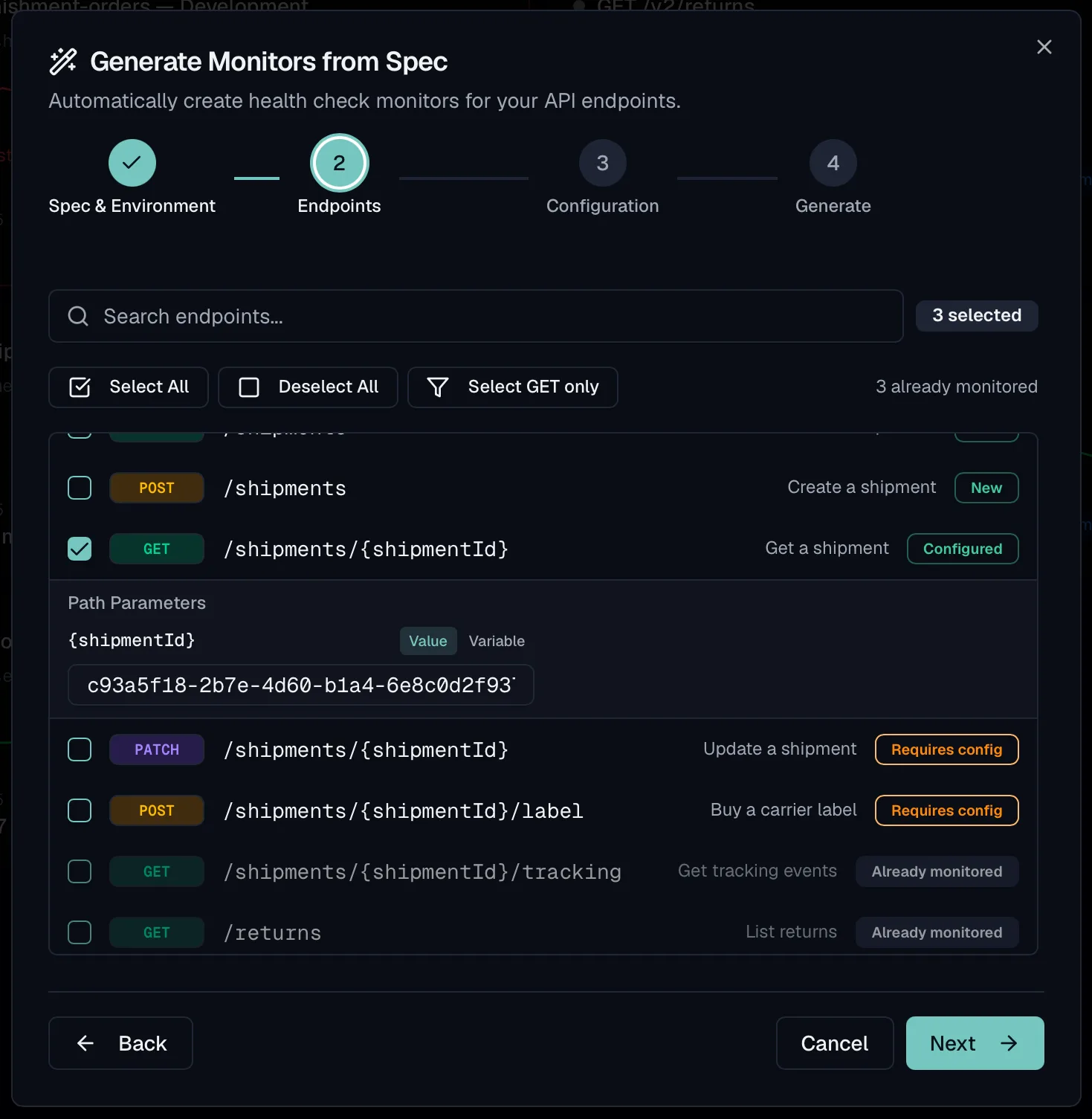 The Generate Monitors from Spec wizard on its endpoint step, listing shipment endpoints with checkboxes and badges reading New, Configured, Requires config and Already monitored, with a path parameter value filled in for the selected endpoint.