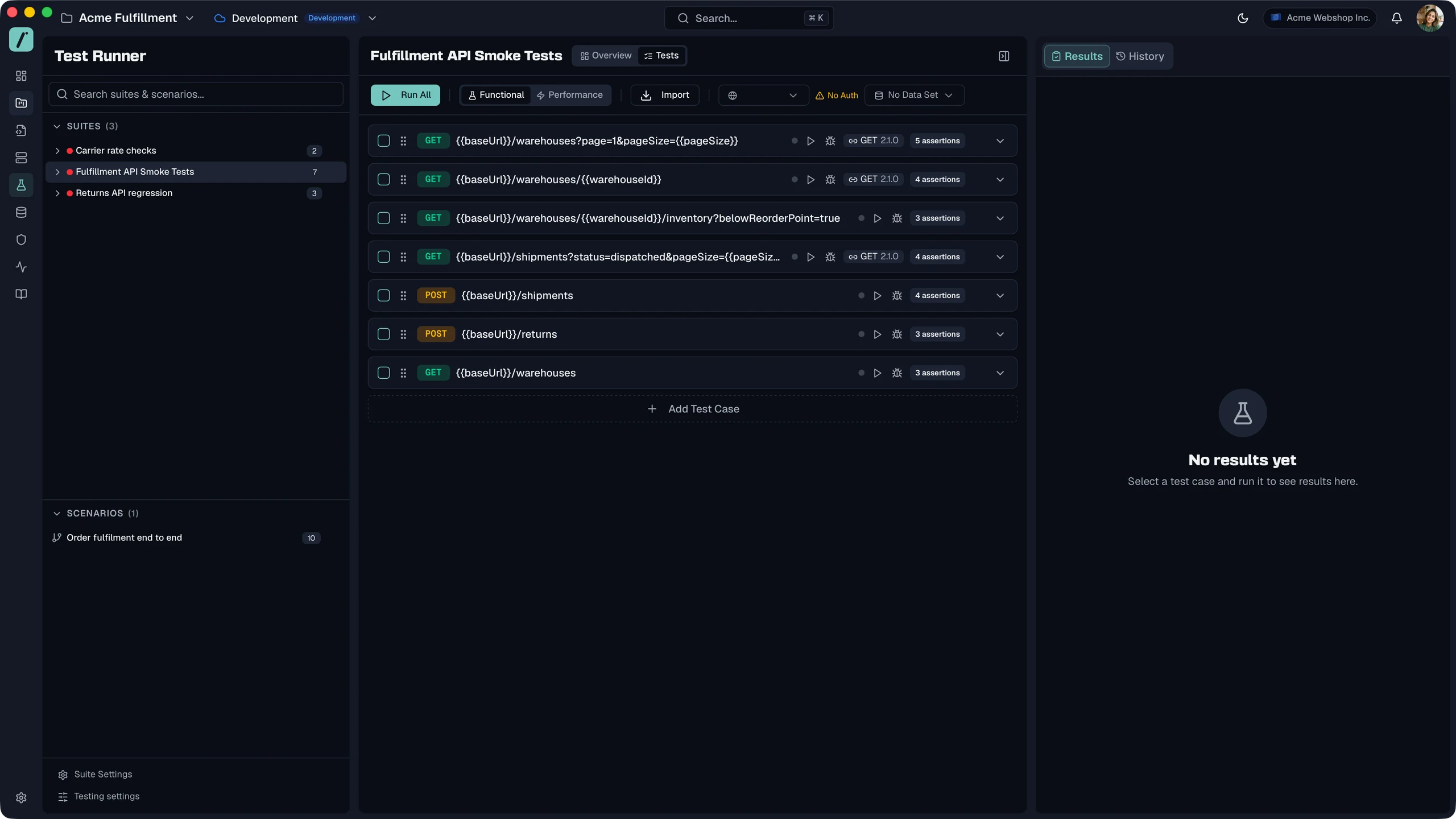 Routebase test runner with the suite tree on the left, the seven cases of the Fulfillment API Smoke Tests suite in the middle, and the results panel on the right.