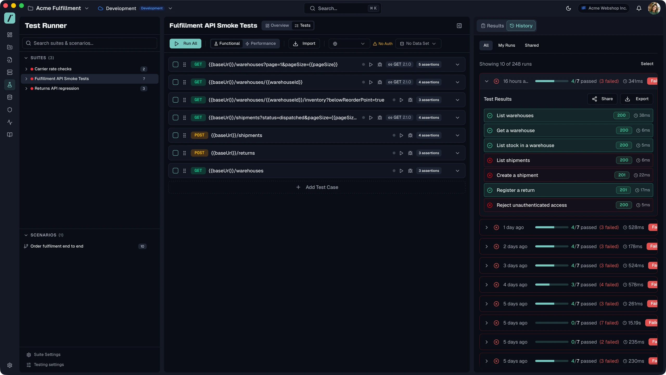 A run from the history expanded into seven named results, four passed and three failed, each with a status code and a duration.