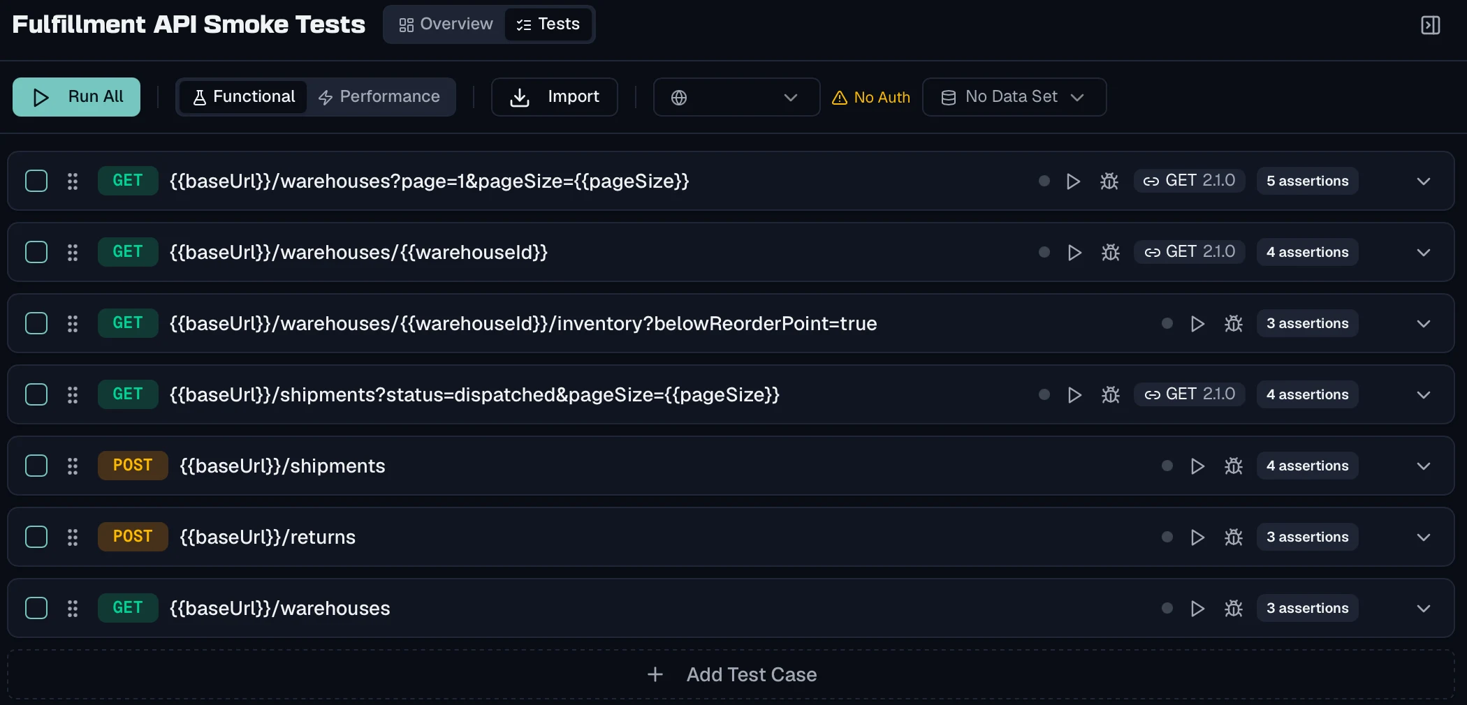 Case list of a suite in which three cases carry a GET 2.1.0 link badge and four carry none.