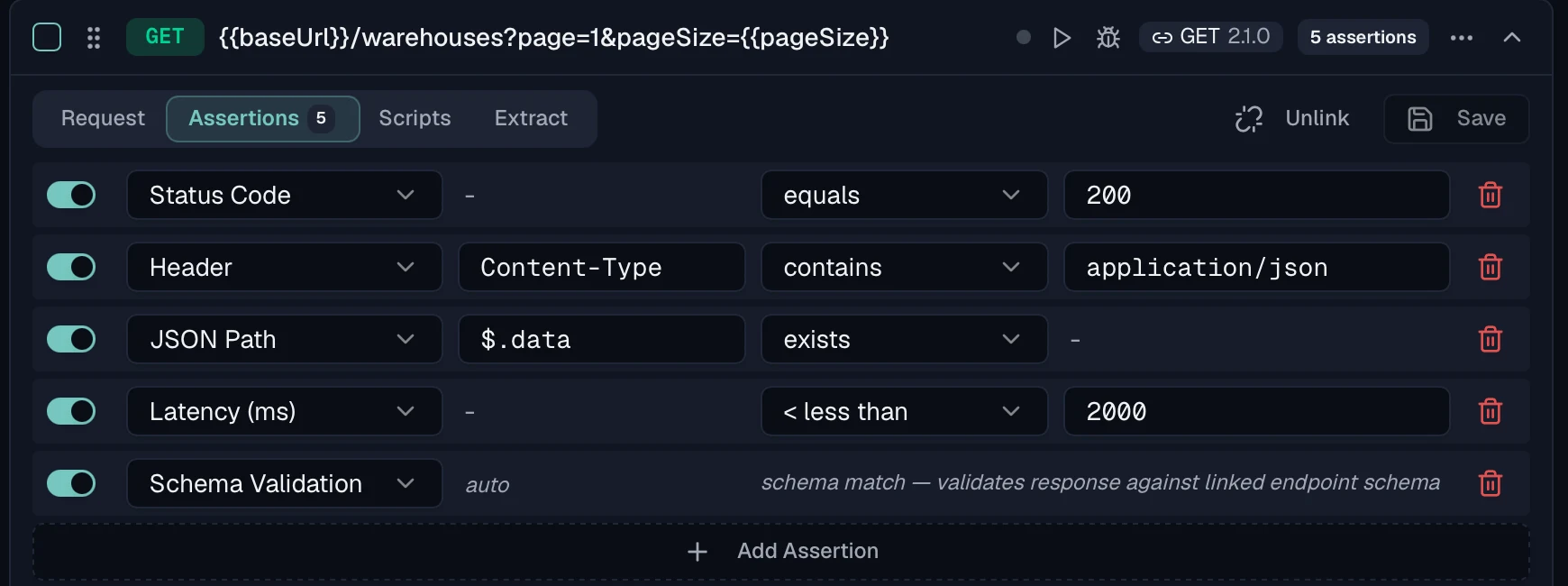 Assertions tab of a test case with rows for status code equals 200, header contains application json, JSON path exists, latency under 2000 milliseconds, and schema validation.