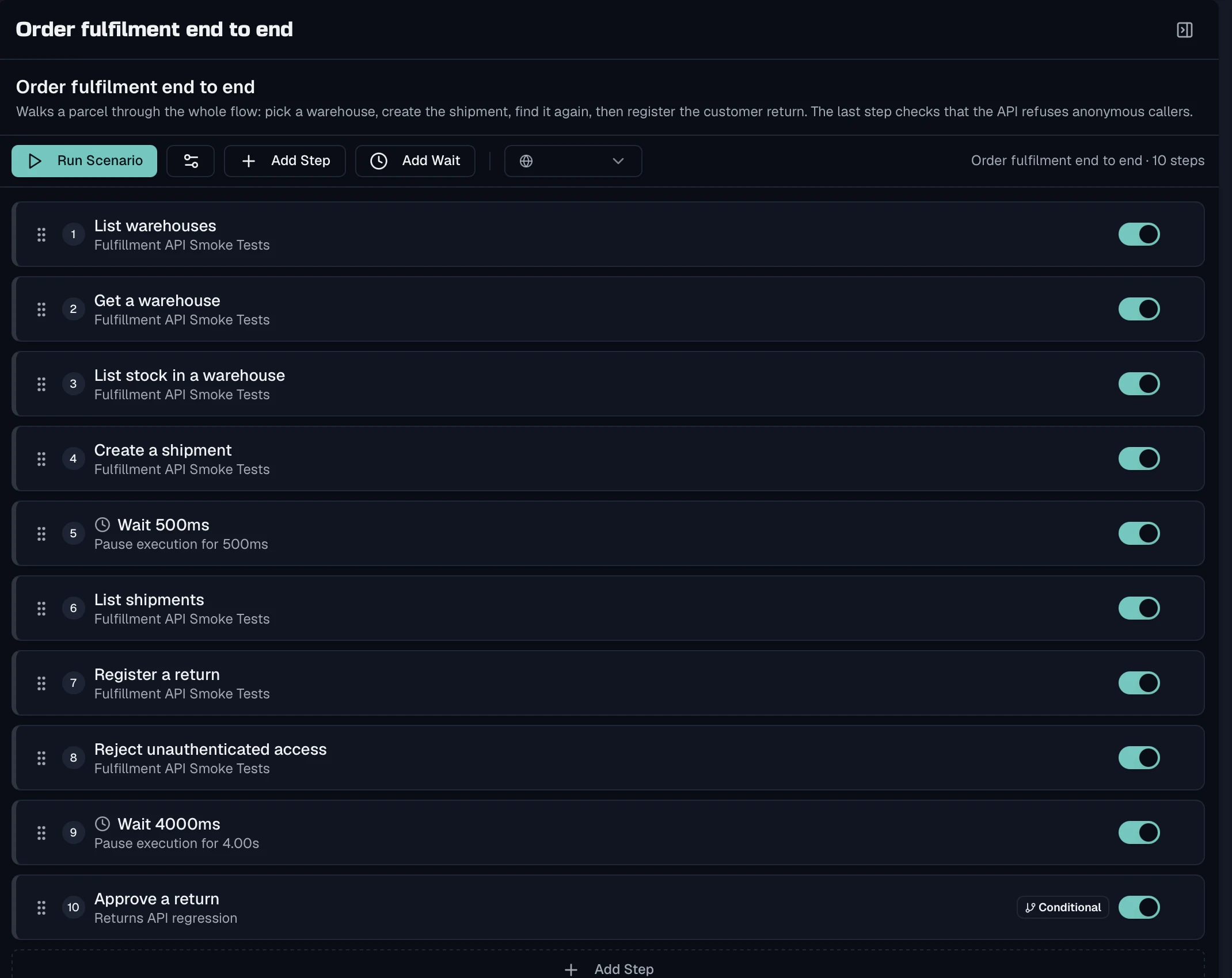 Scenario editor listing ten ordered steps, including a wait of 500 milliseconds, a wait of 4 seconds and a final step marked conditional.