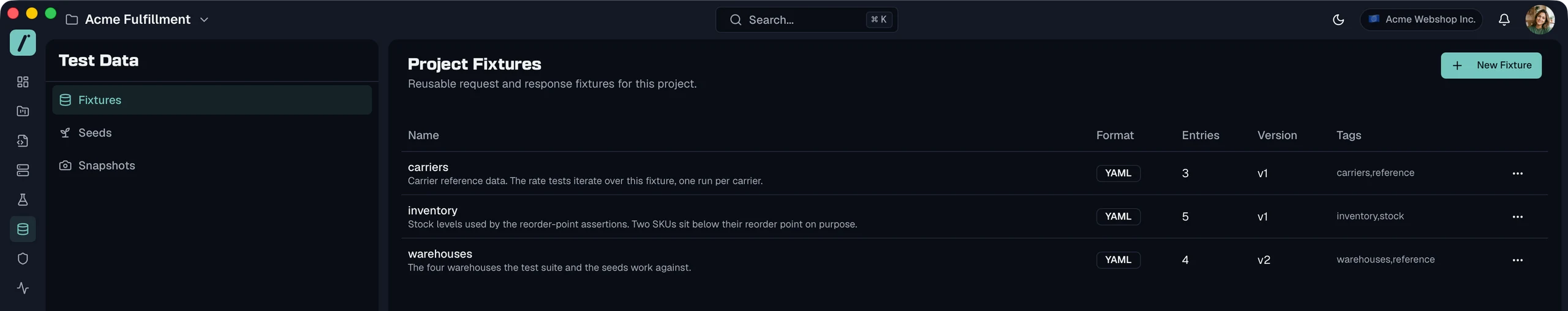 Test data page listing three YAML fixtures named carriers, inventory and warehouses with their entry counts, versions and tags.