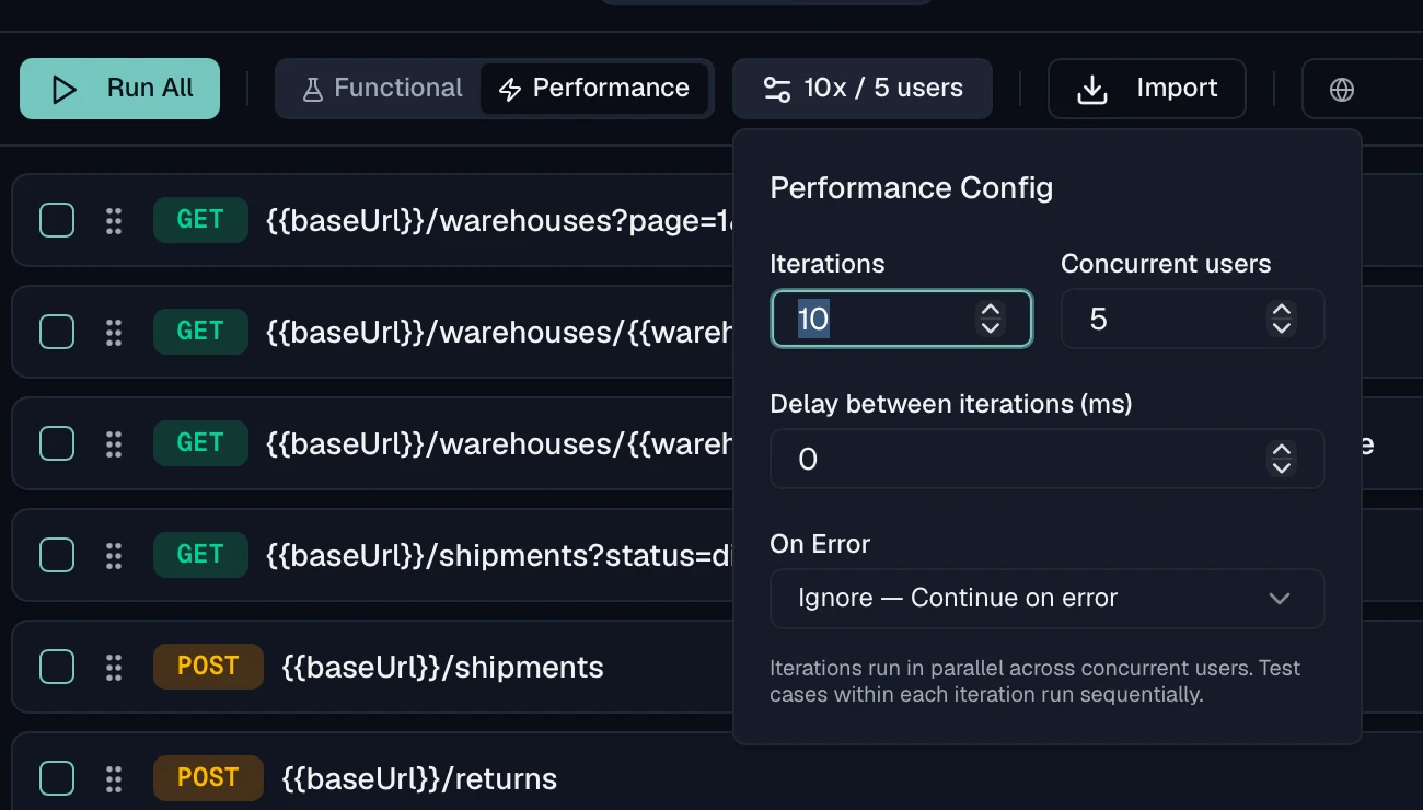 Performance configuration popover with ten iterations, five concurrent users, no delay between iterations, and continue on error.