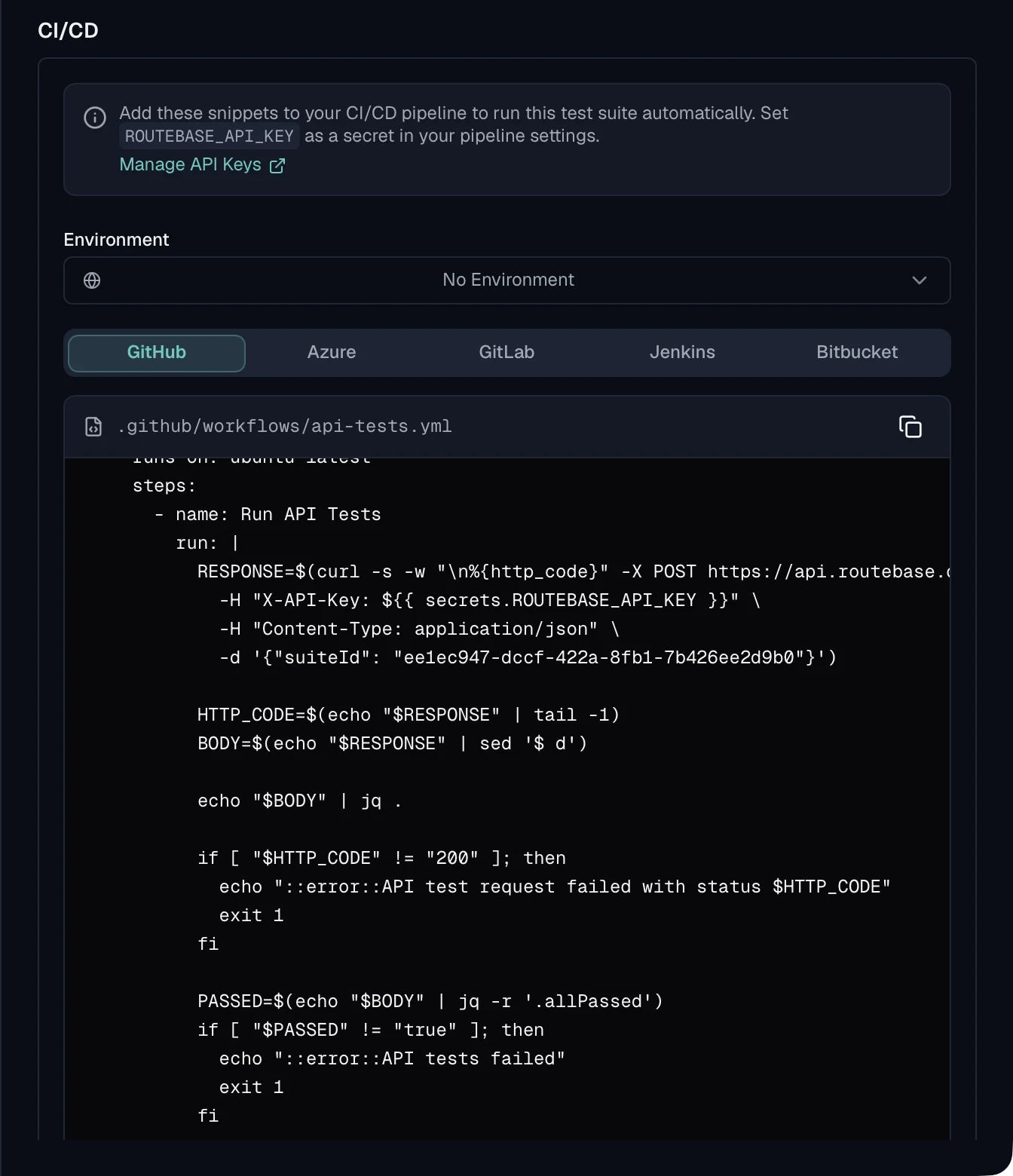 CI/CD section of the suite configuration with tabs for GitHub, Azure, GitLab, Jenkins and Bitbucket, showing a GitHub Actions workflow snippet.