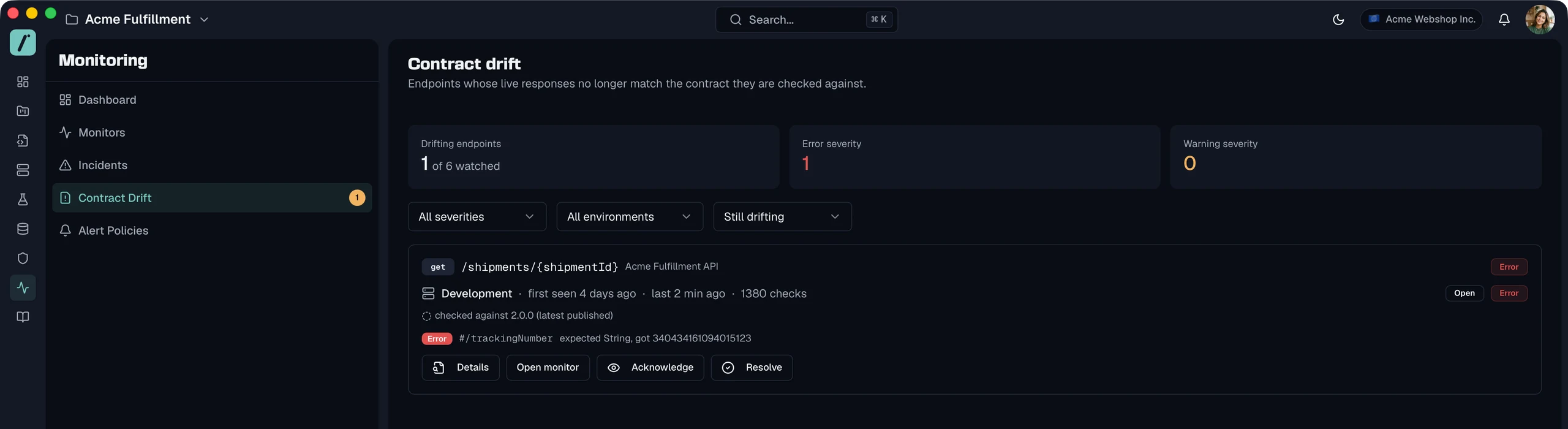 Contract drift page showing one drifting endpoint of six watched, with the tracking number field expected as a string and returned as a number.