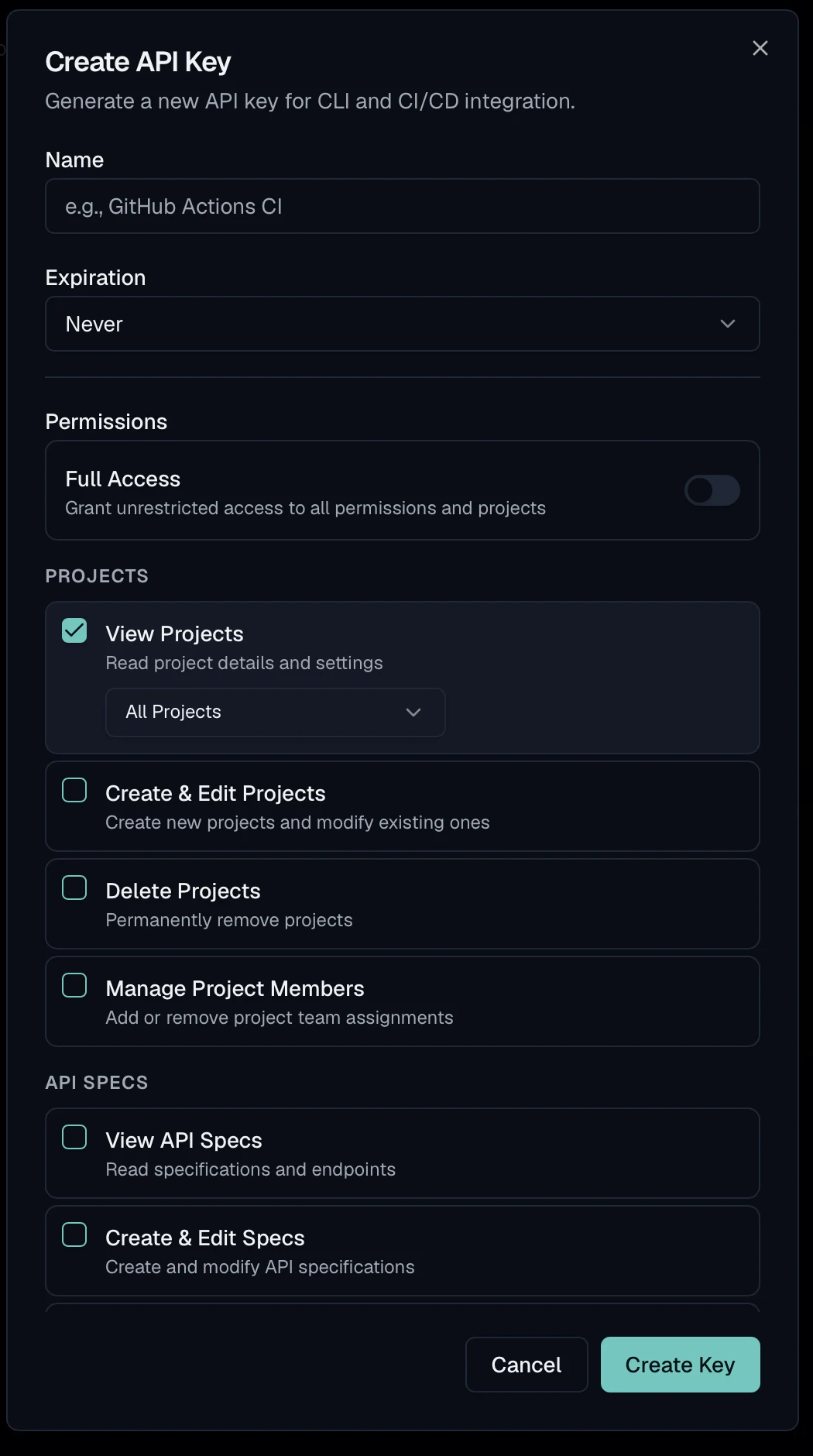The Create API Key dialog with a name field, an expiration selector, a Full Access toggle and a list of individual permission checkboxes grouped by area.