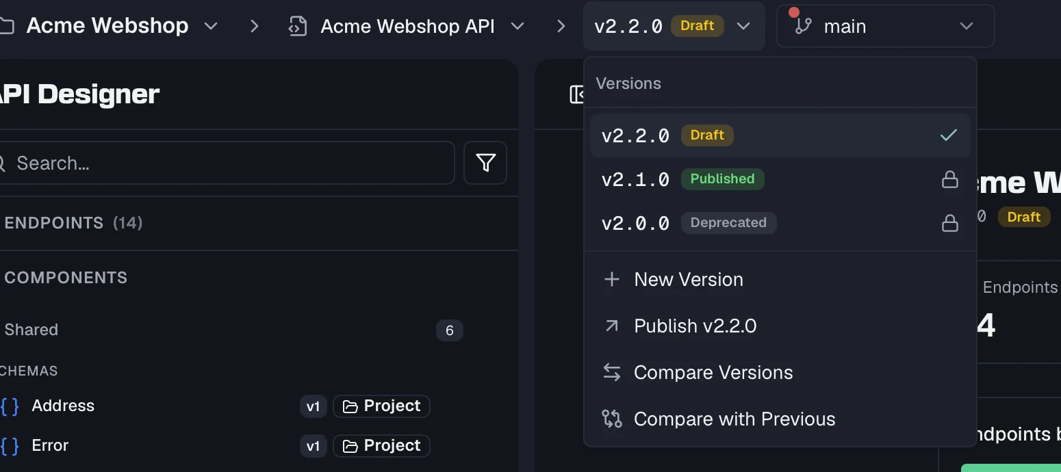 The version switcher of a specification, open on a list of three versions with the statuses draft, published and deprecated, and a lock icon on the two frozen ones.