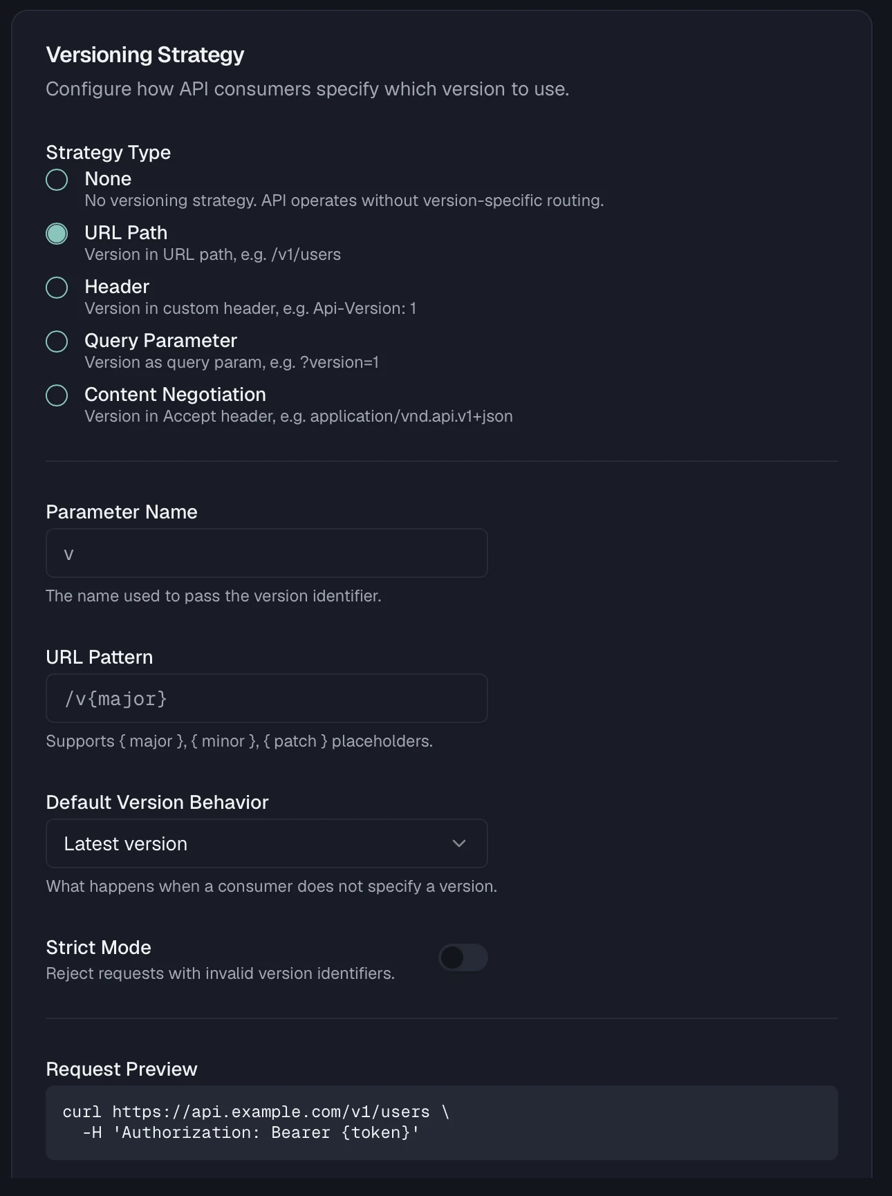 The versioning strategy card with the five strategy options, the parameter name, the URL pattern, the default version behaviour, a strict-mode switch and a curl request preview.