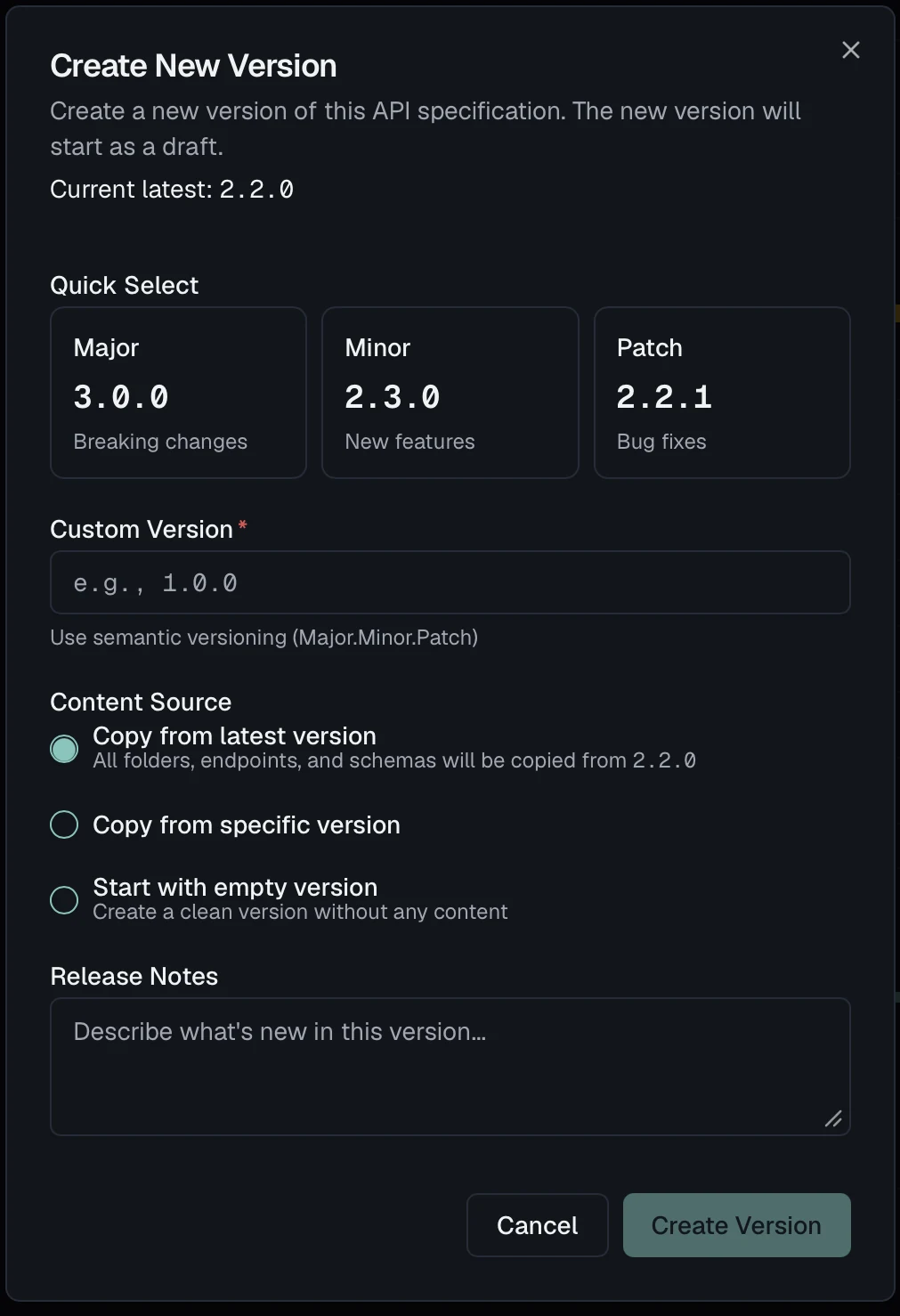The create-version dialog, offering a major, minor and patch bump labelled breaking changes, new features and bug fixes, with a custom version field below them.