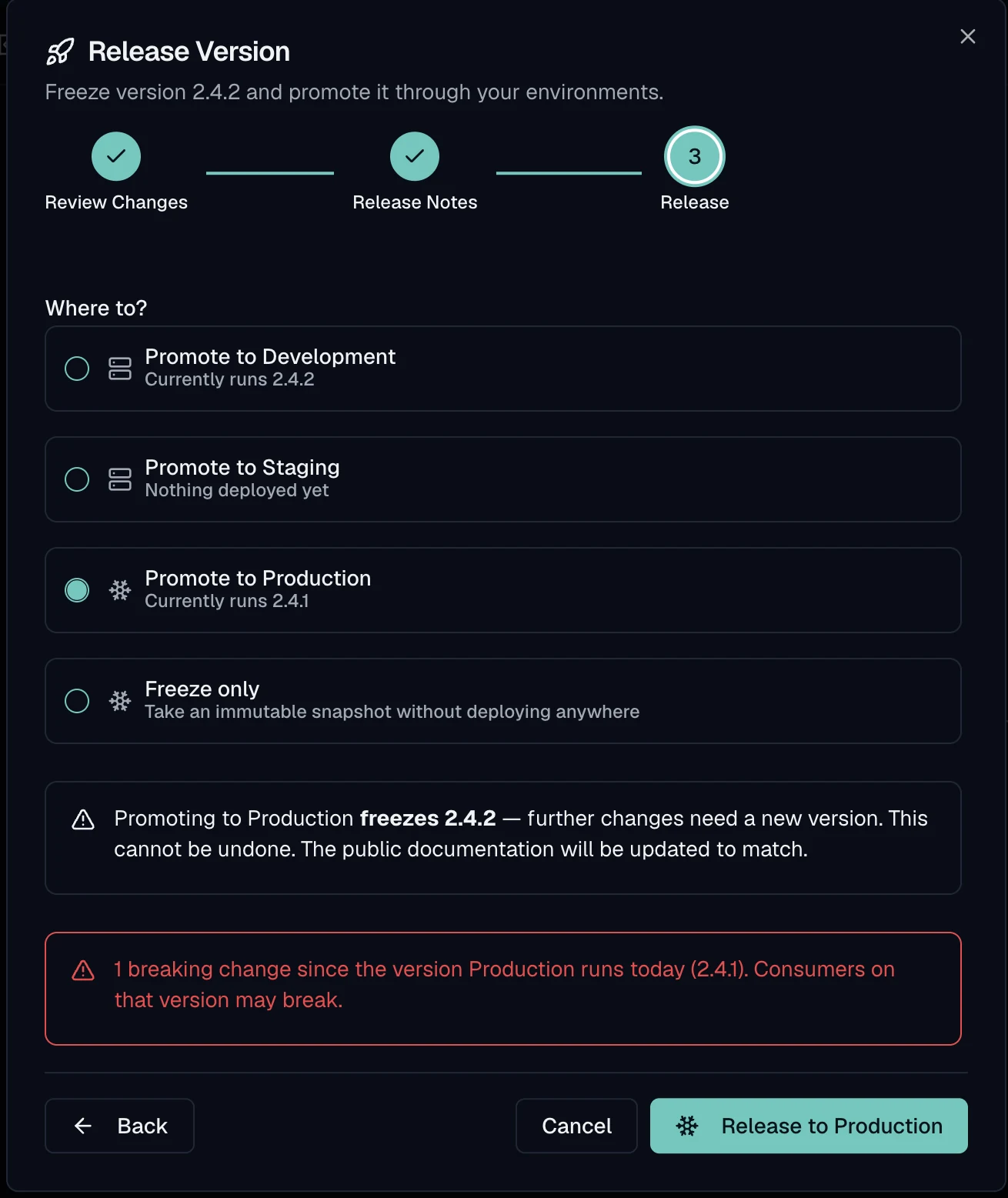 The final step of the release wizard with the environment targets, a freeze-only option, and a red alert reading that one breaking change exists since the version production runs today.