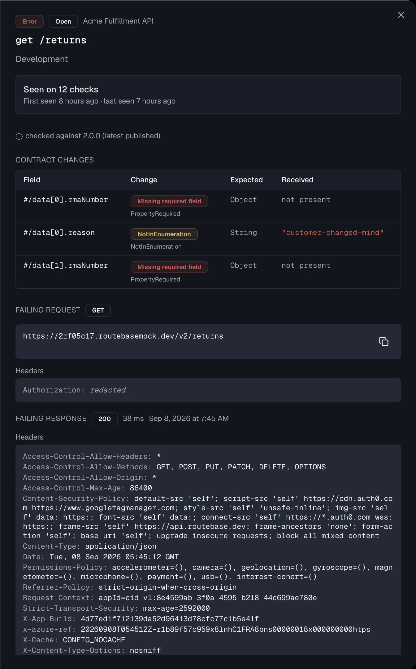 A contract drift detail sheet with a table of contract changes, and the failing request and response expanded underneath it.