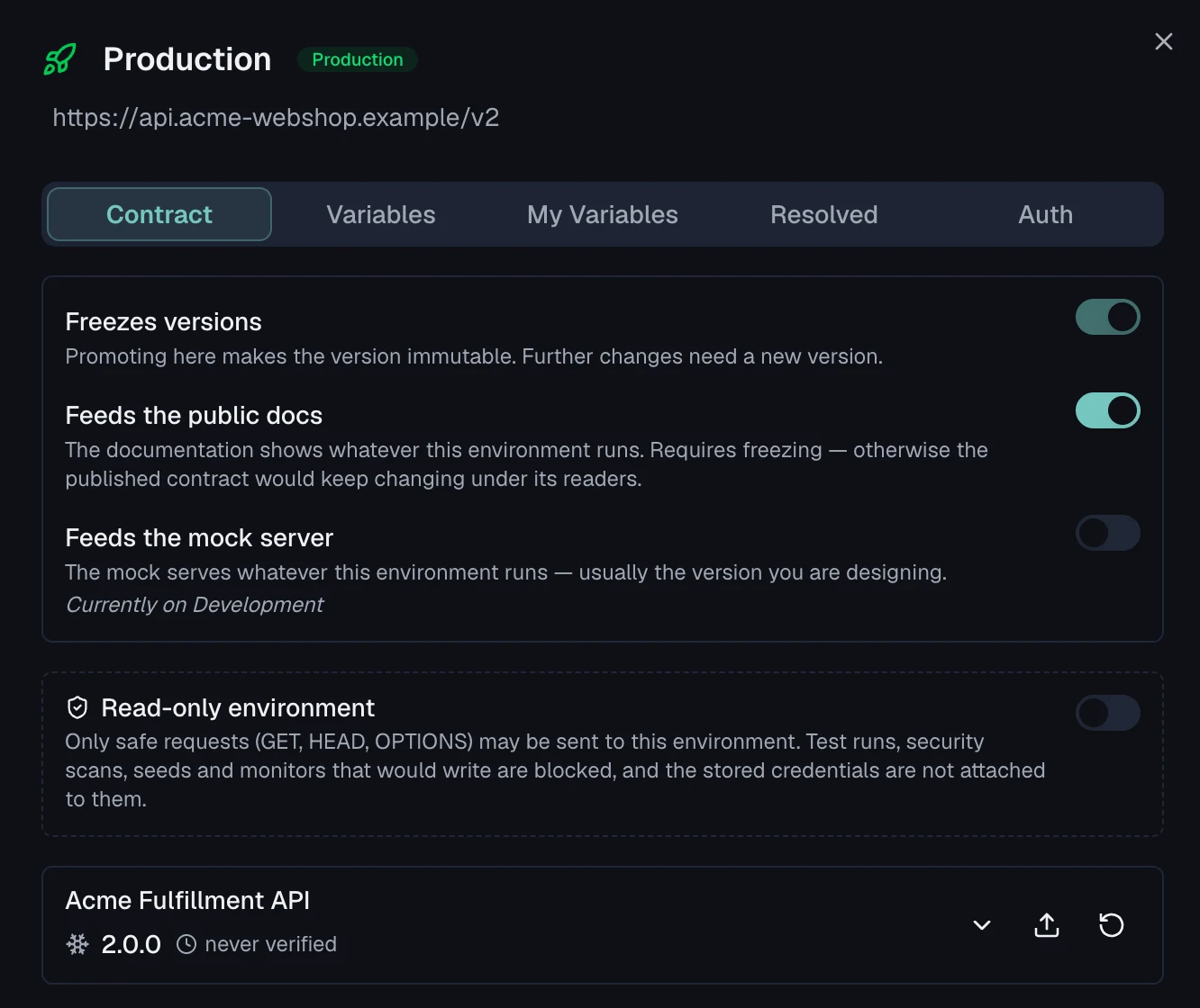 The contract tab of a production environment, with switches for freezing versions, feeding the public docs and feeding the mock server, and one pinned specification showing its version and a never-verified label.