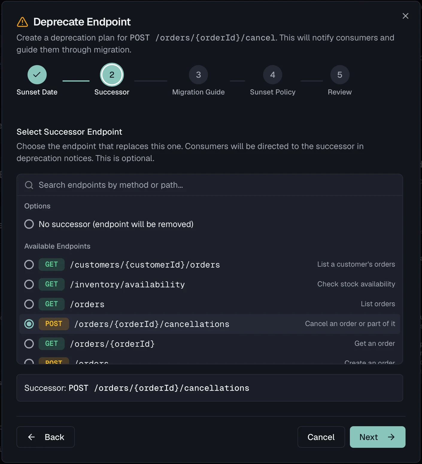 The deprecation wizard on its successor step, with an endpoint search open and one replacement endpoint selected.