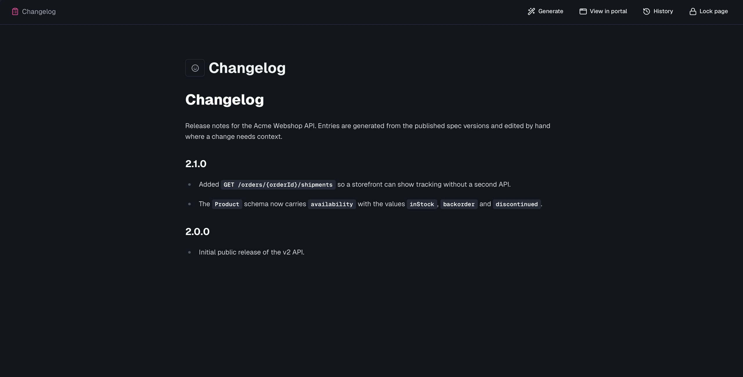 A changelog page open in the documentation editor, with a generate action in the page header.